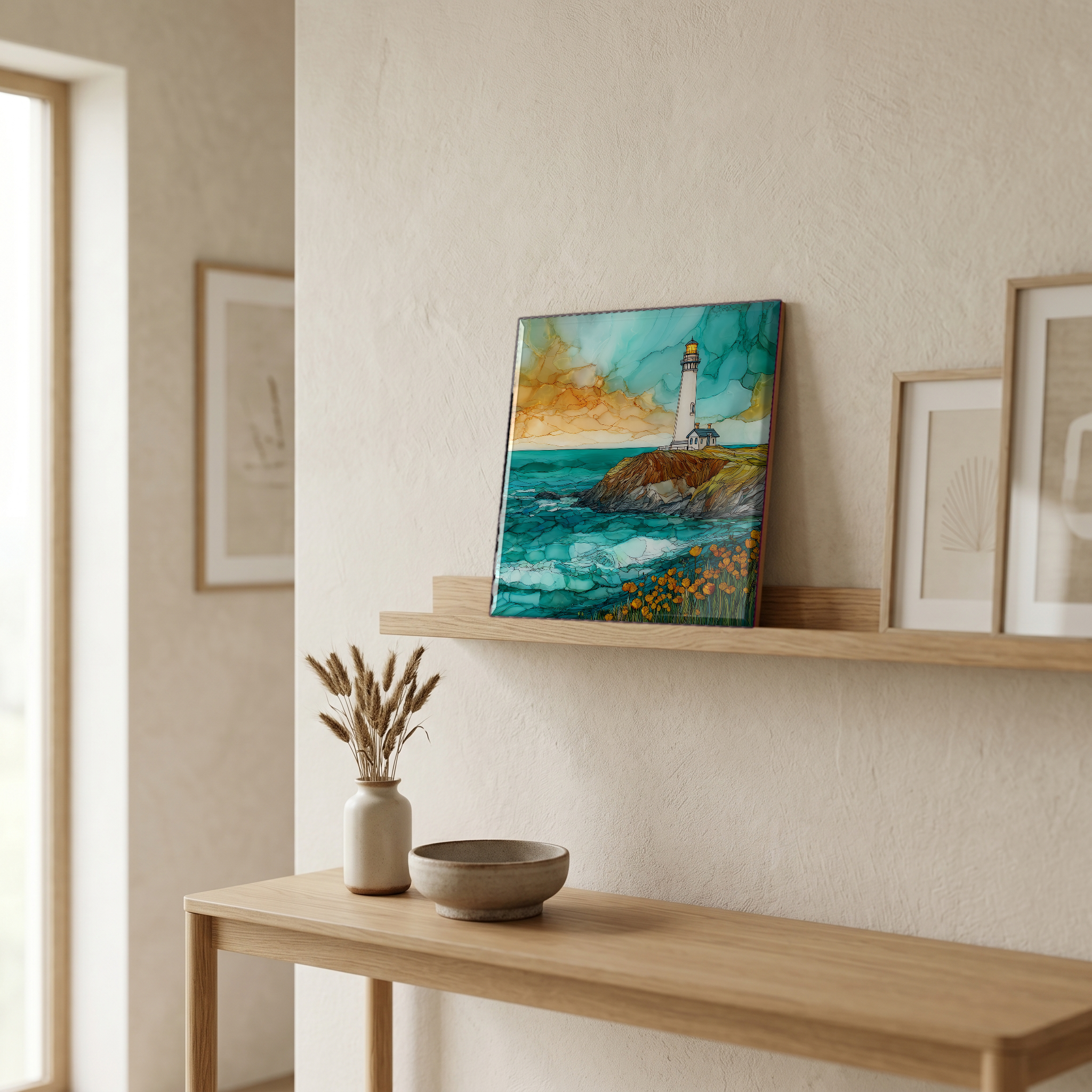 On a picture ledge, where the light comes in.