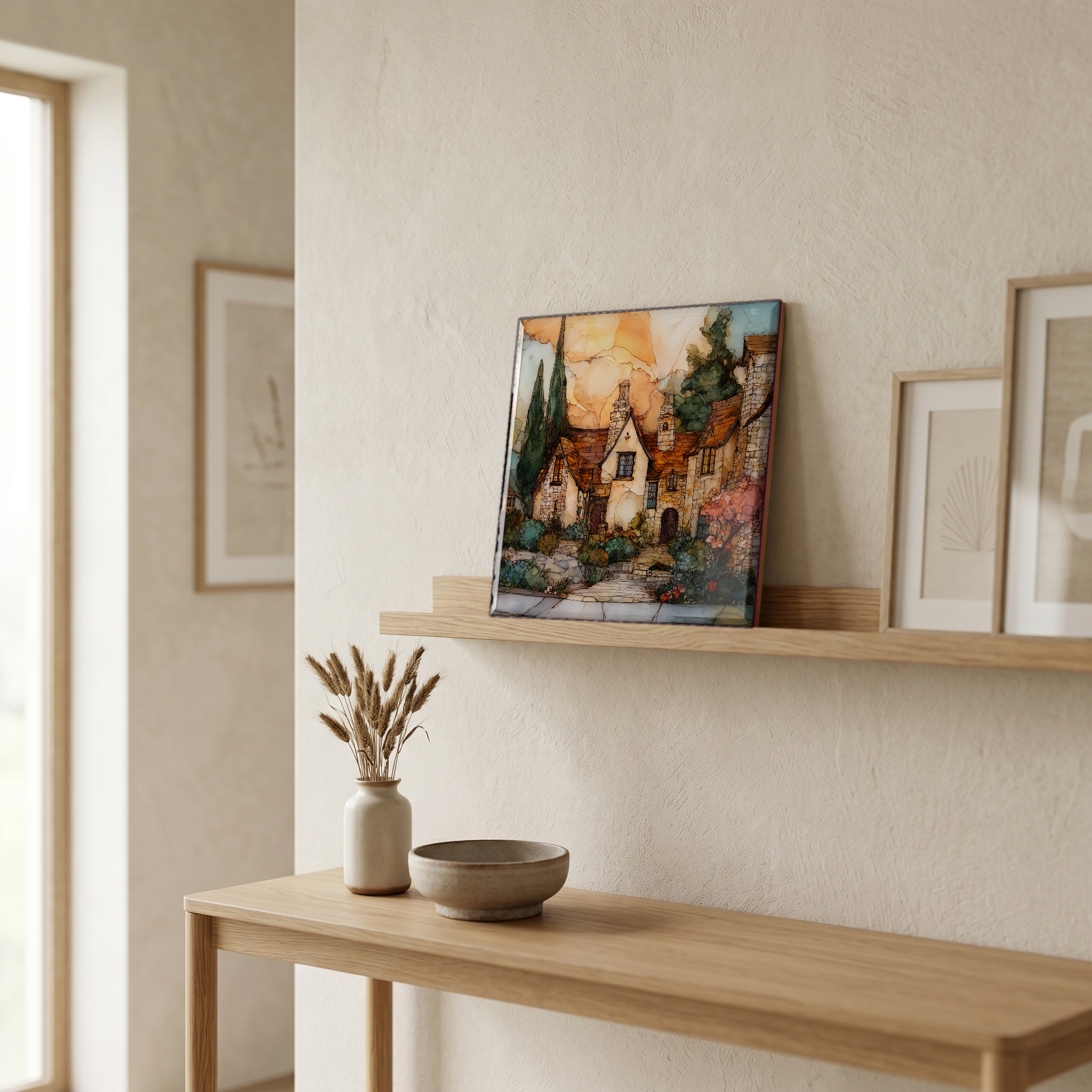 On a picture ledge, where the light comes in.