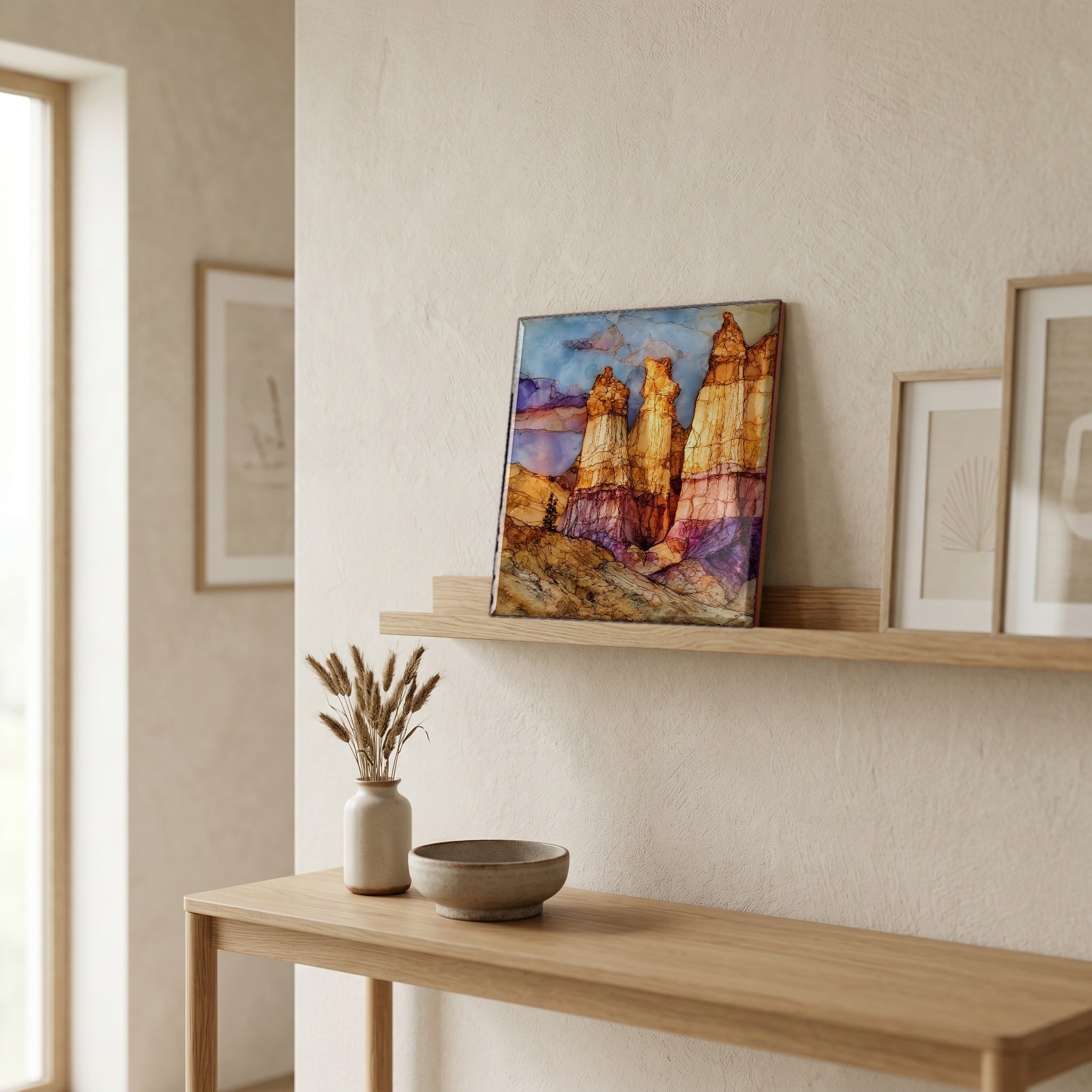 On a picture ledge, where the light comes in.