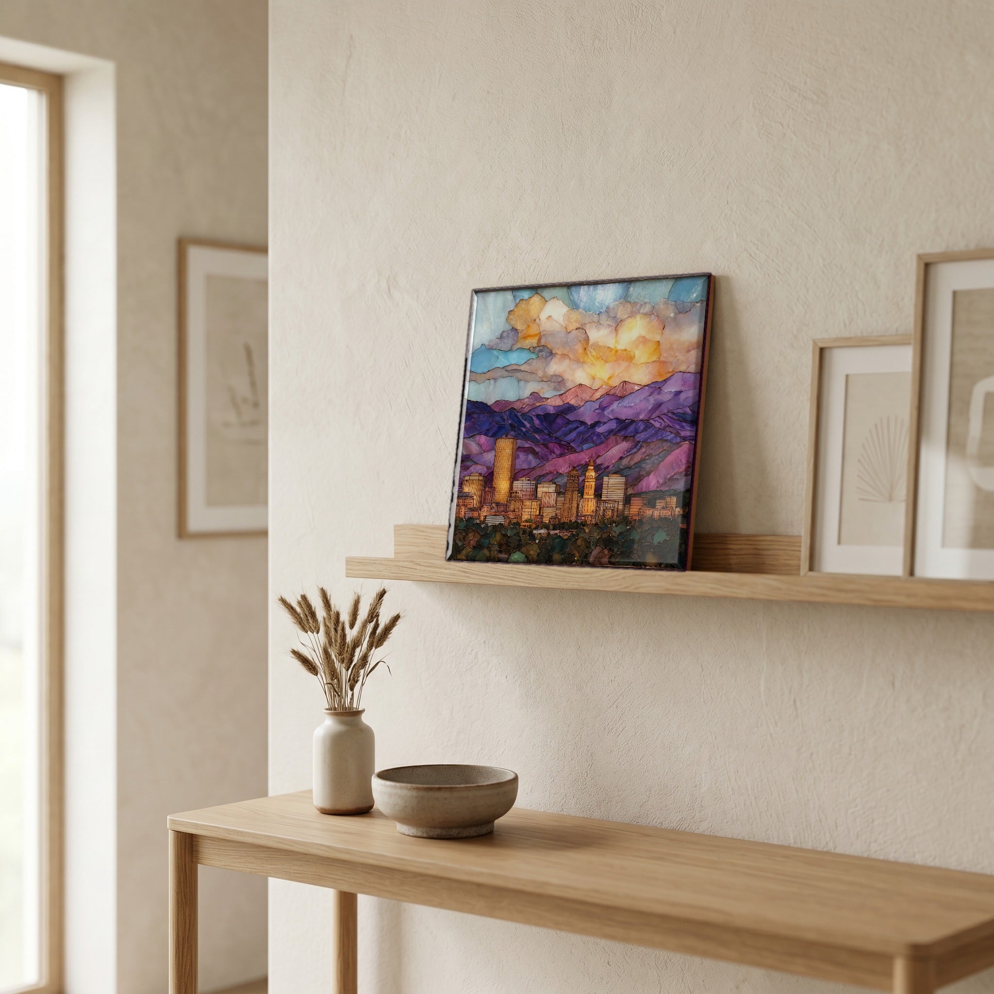 On a picture ledge, where the light comes in.