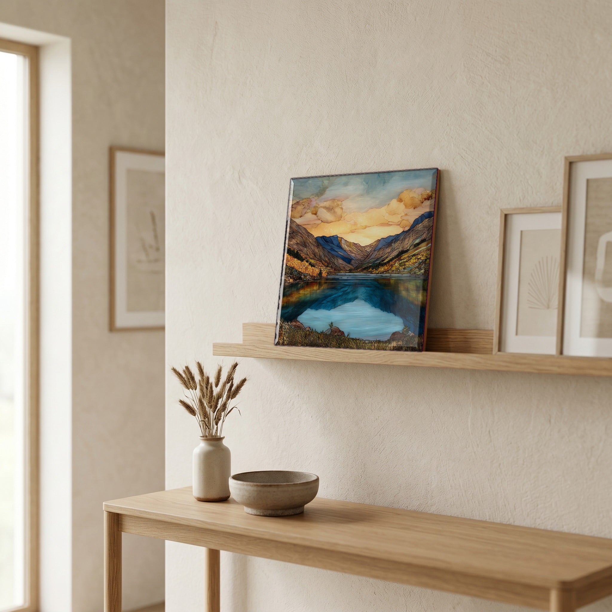 On a picture ledge, where the light comes in.