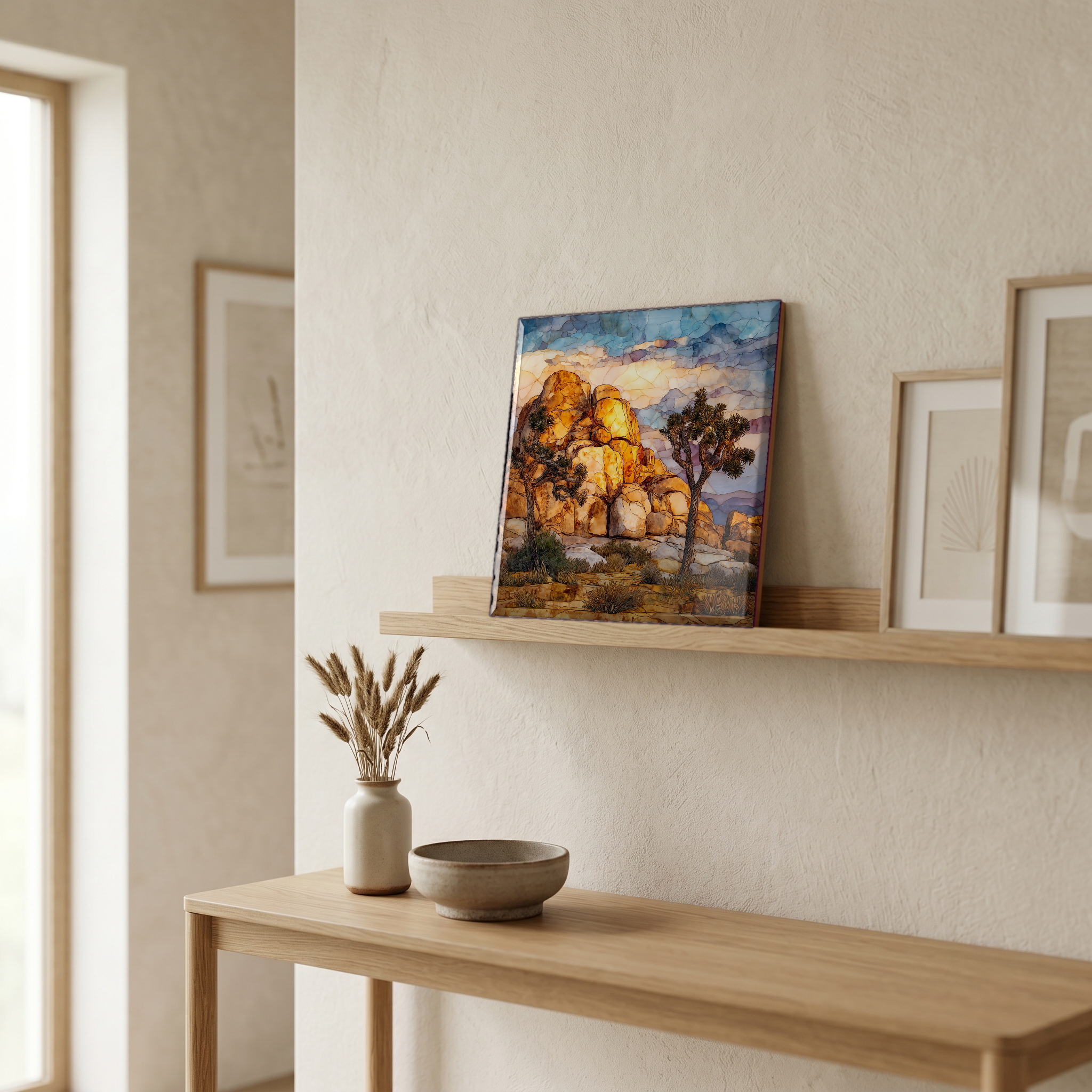 On a picture ledge, where the light comes in.