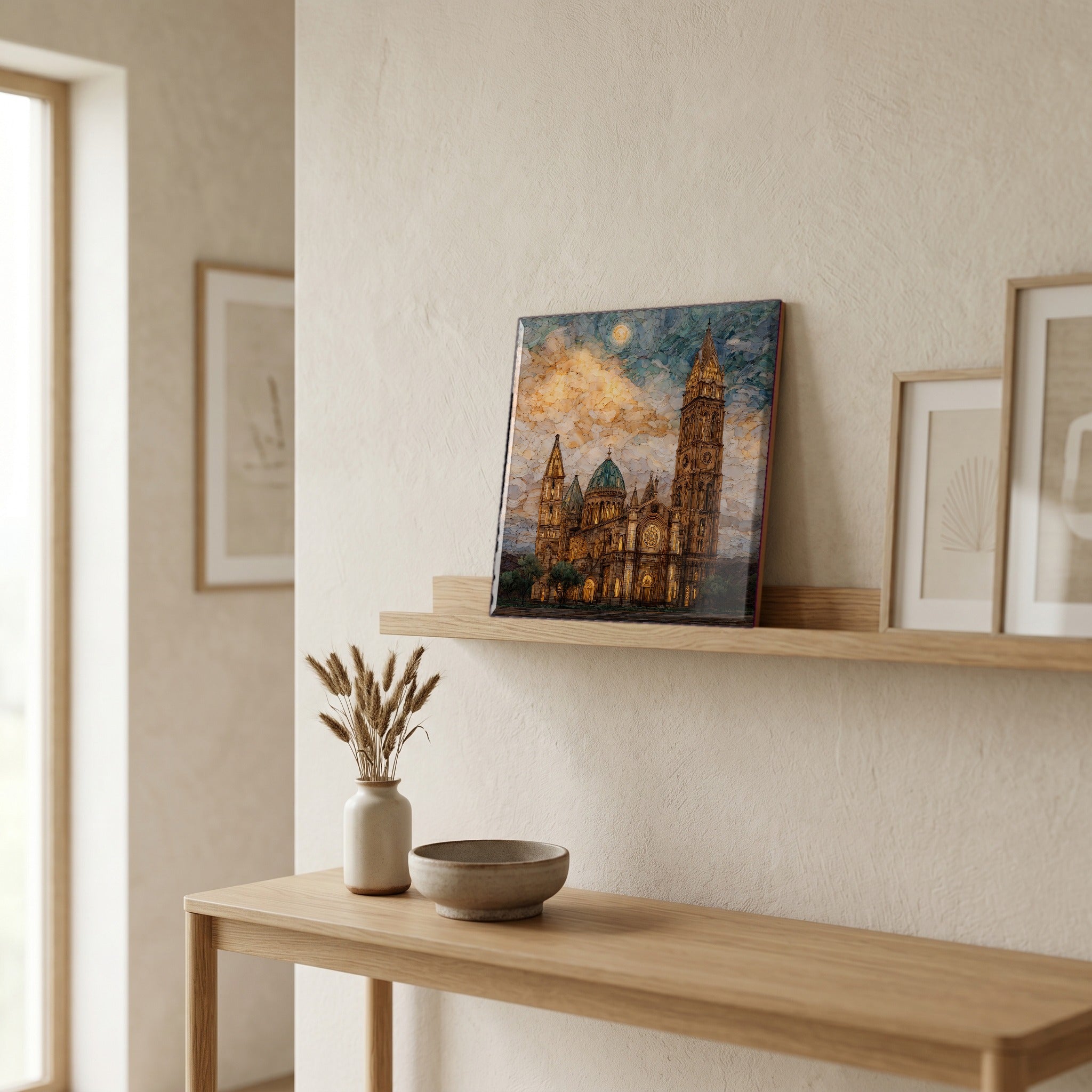 On a picture ledge, where the light comes in.