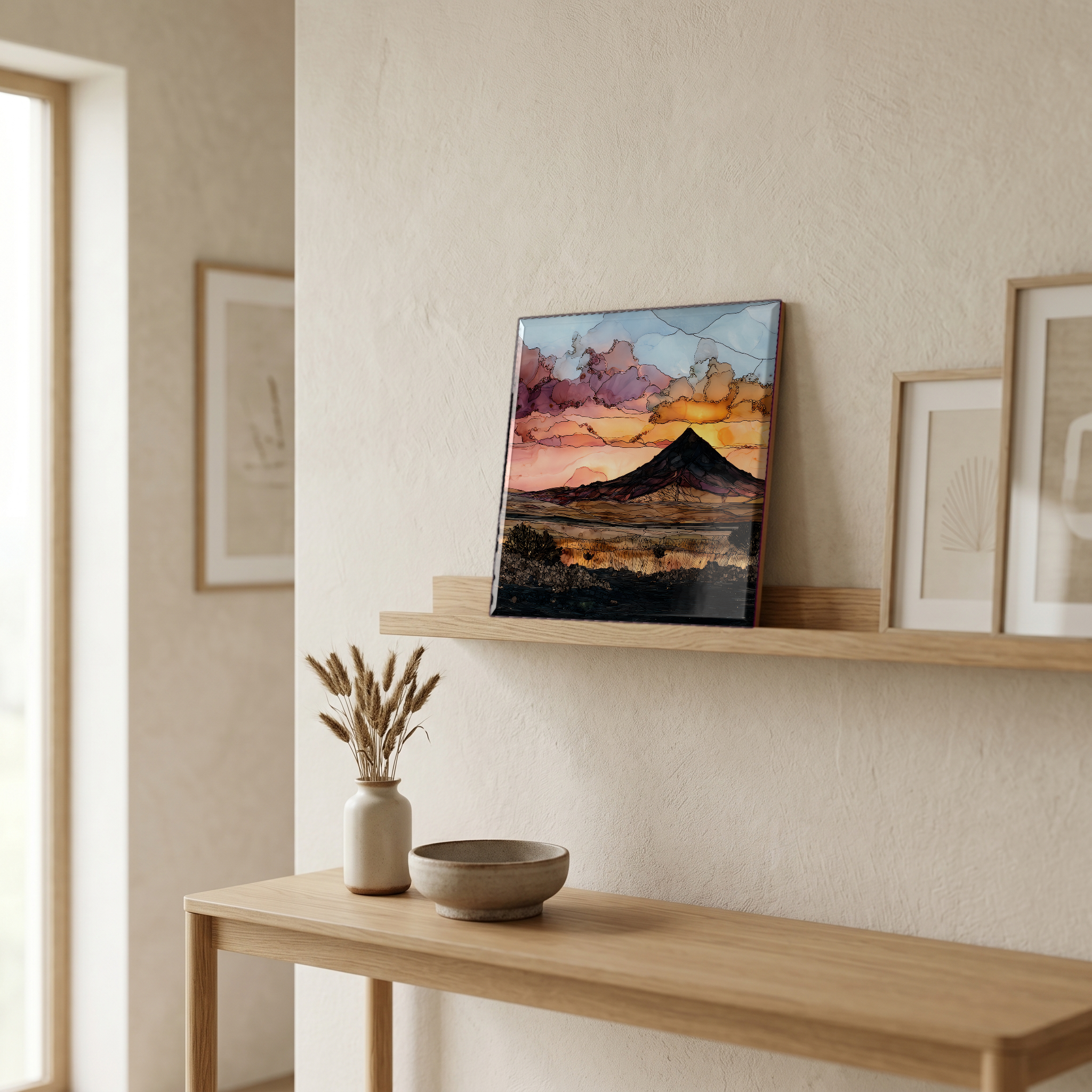On a picture ledge, where the light comes in.