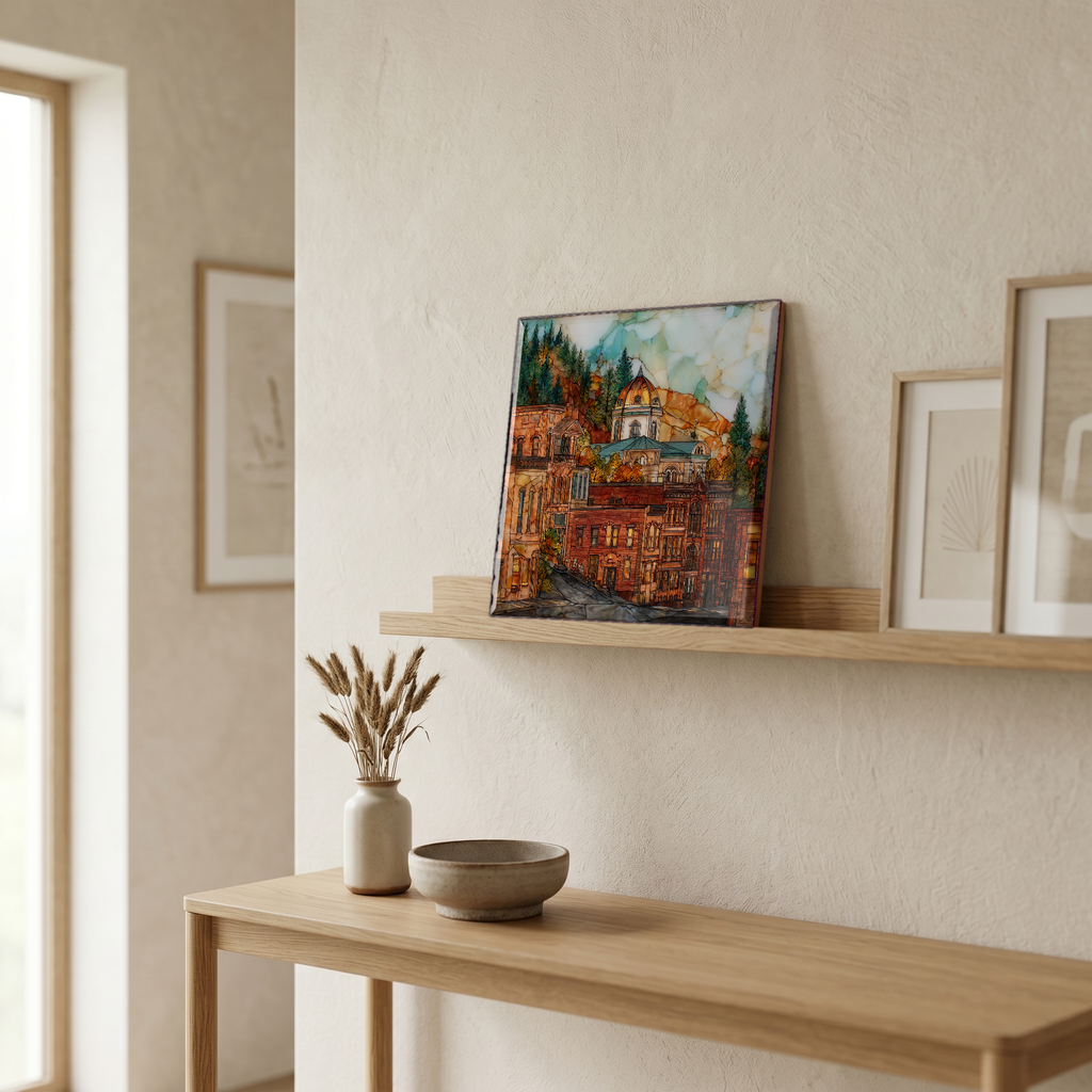On a picture ledge, where the light comes in.
