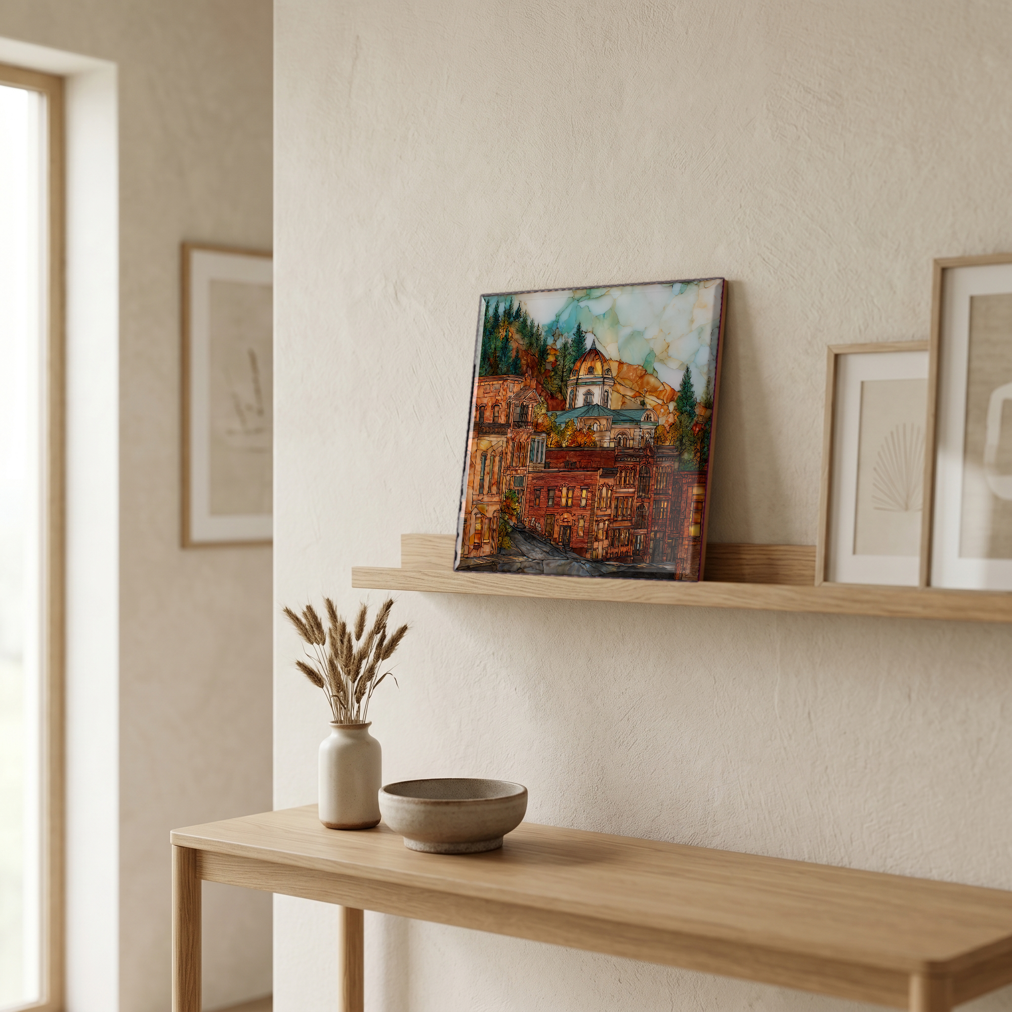 On a picture ledge, where the light comes in.