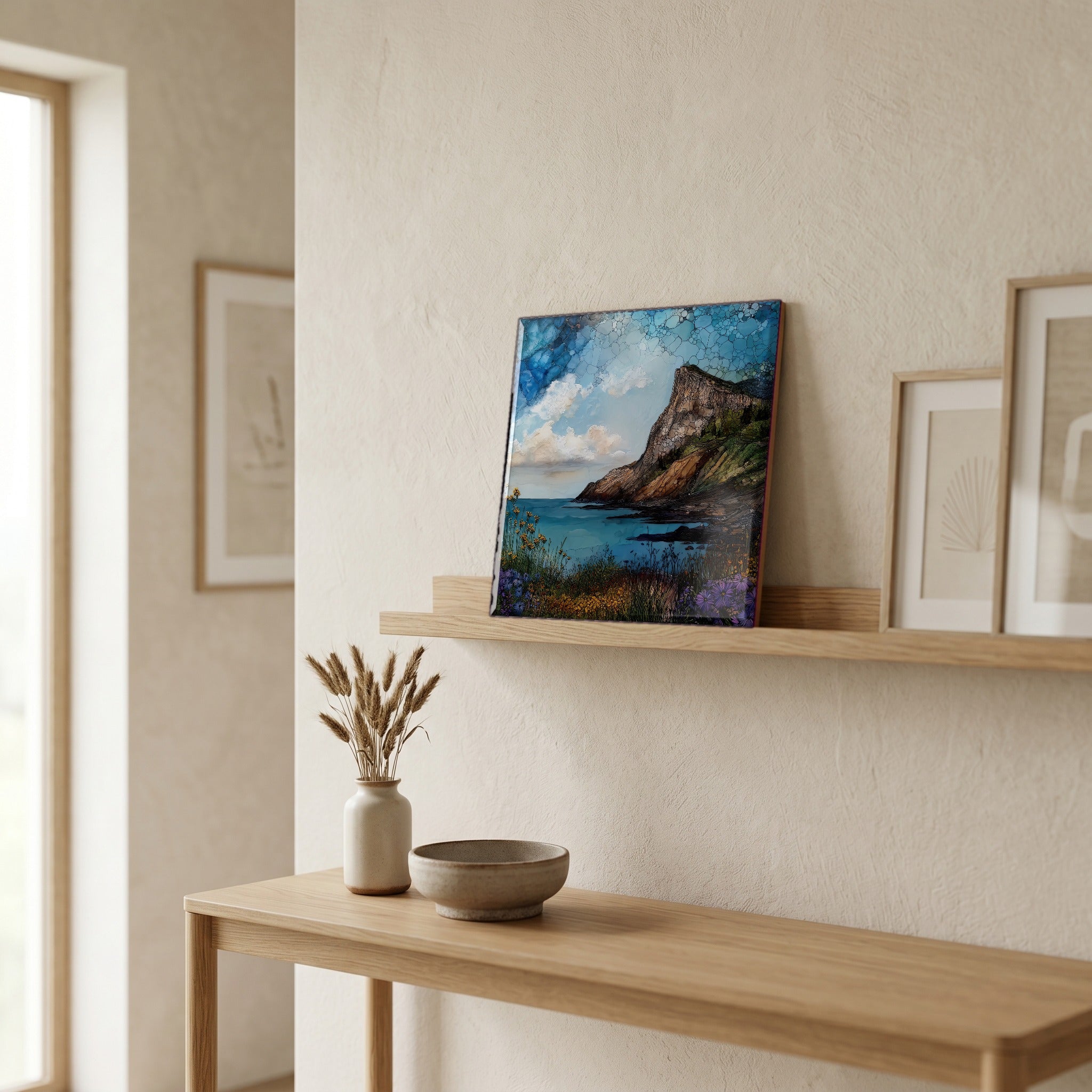 On a picture ledge, where the light comes in.