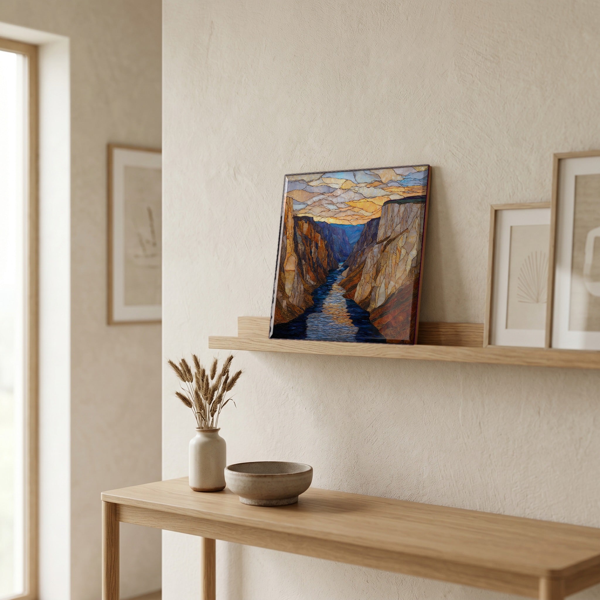 On a picture ledge, where the light comes in.