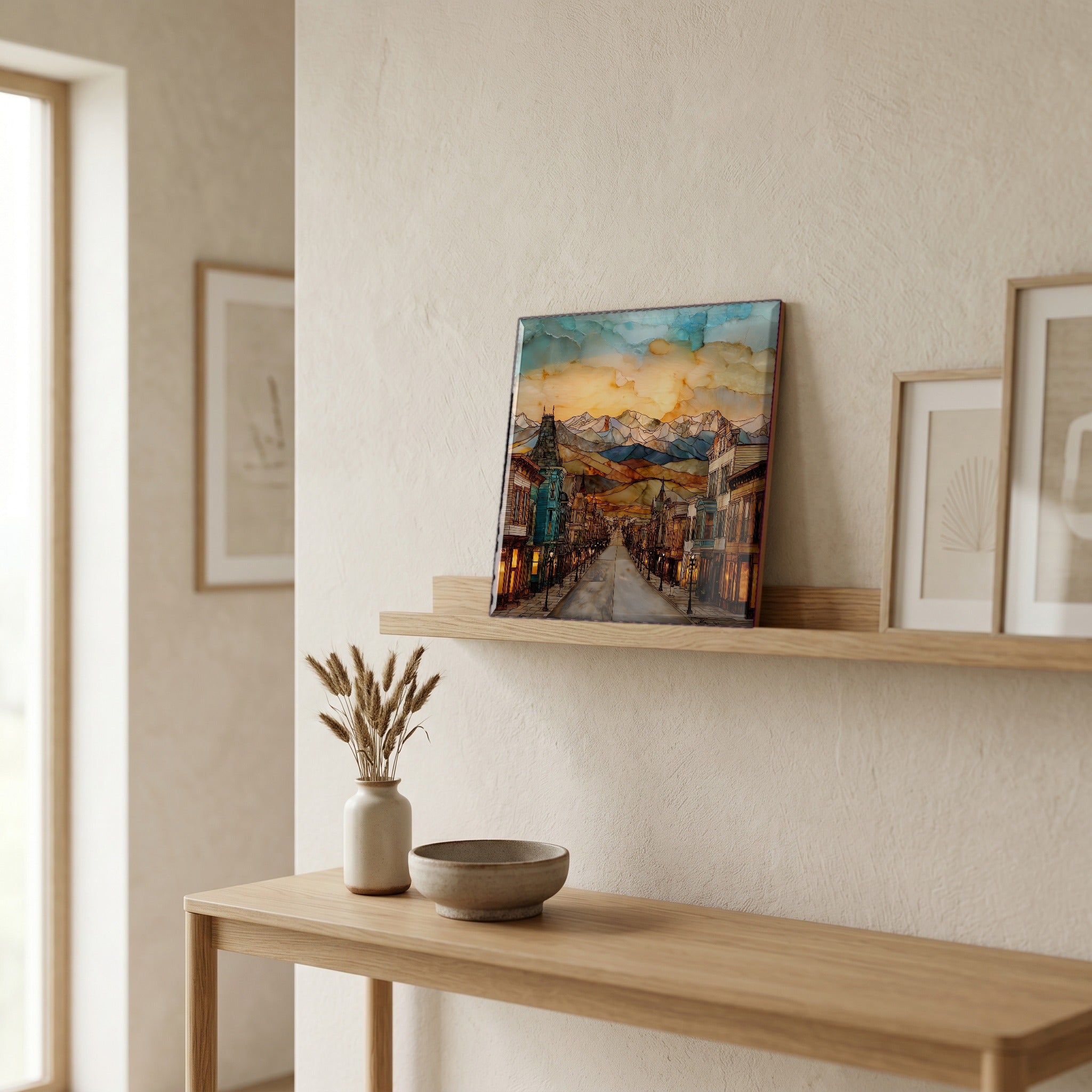 On a picture ledge, where the light comes in.