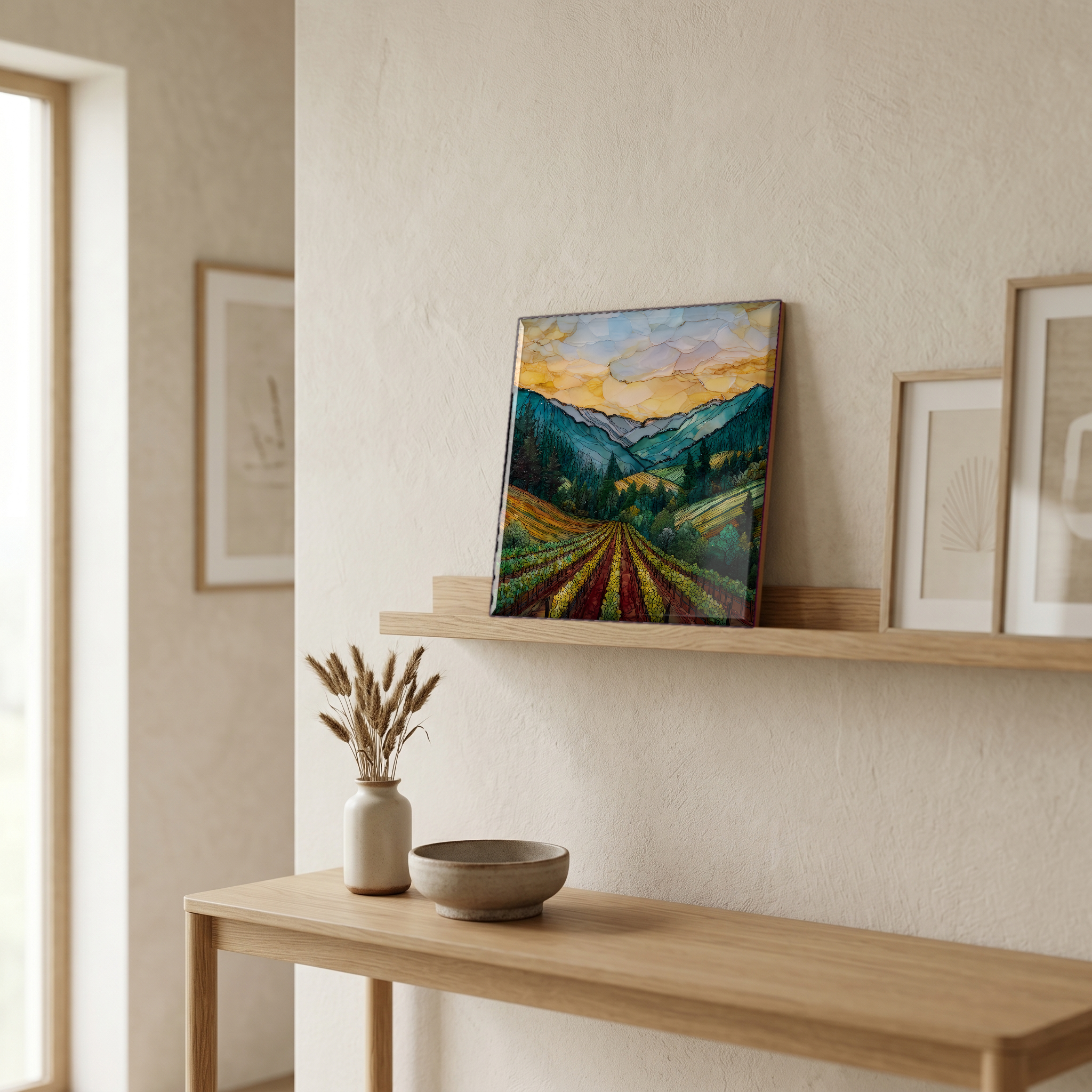 On a picture ledge, where the light comes in.