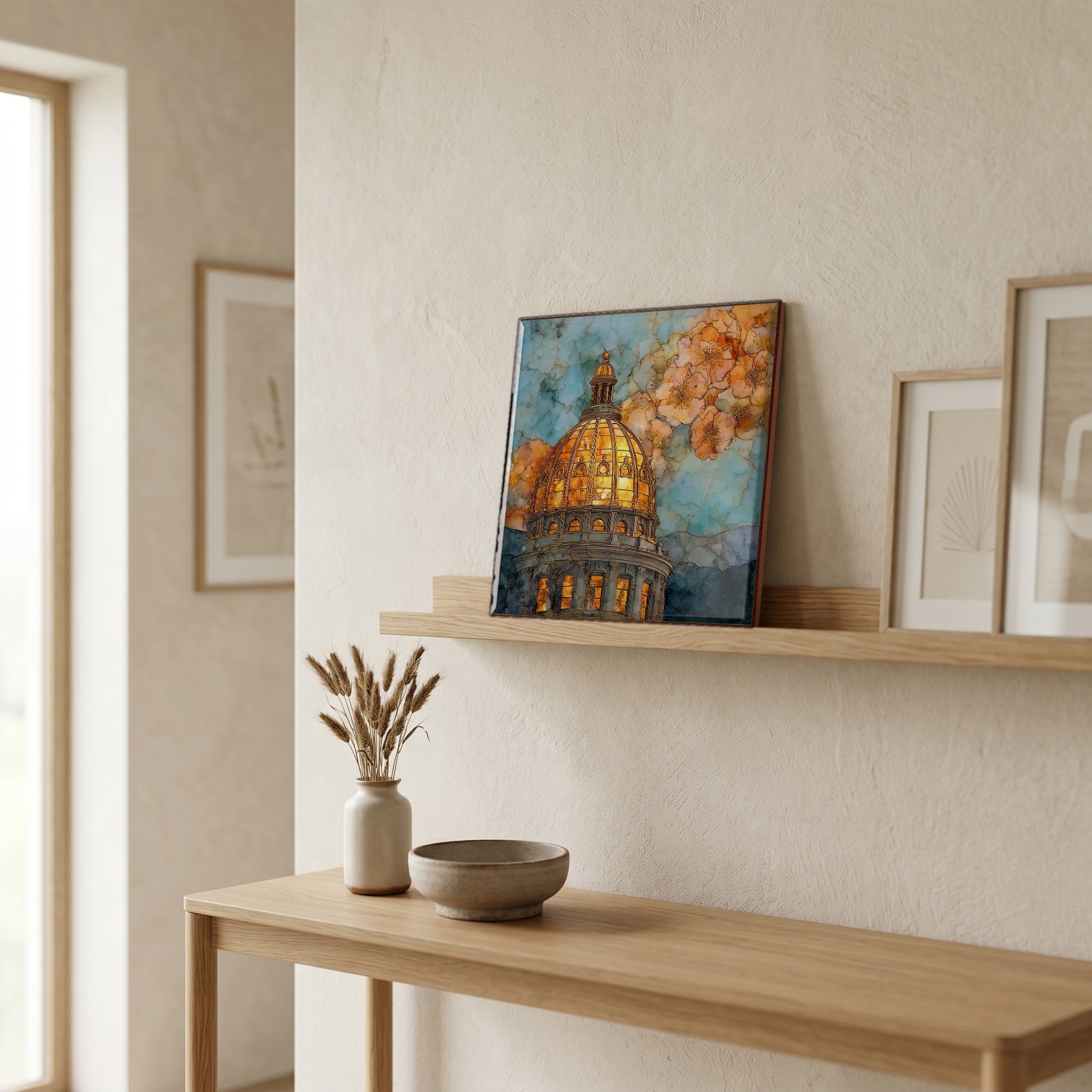 On a picture ledge, where the light comes in.
