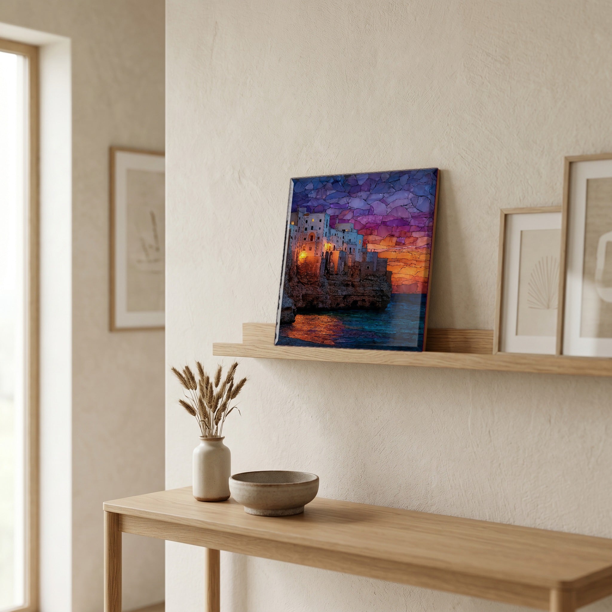 On a picture ledge, where the light comes in.
