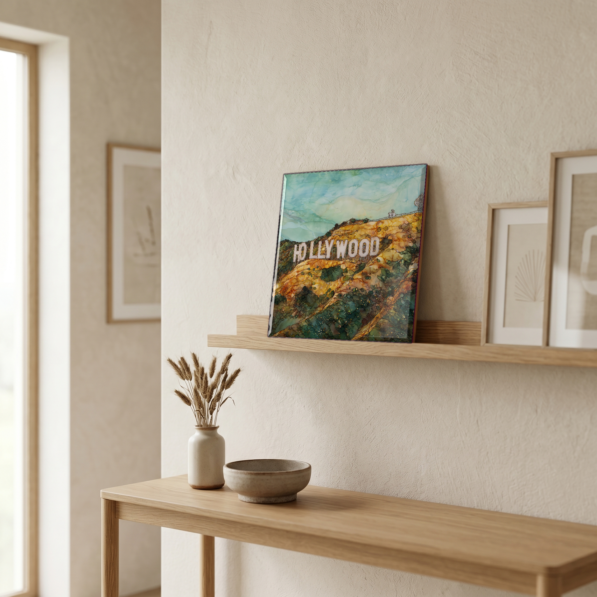 On a picture ledge, where the light comes in.