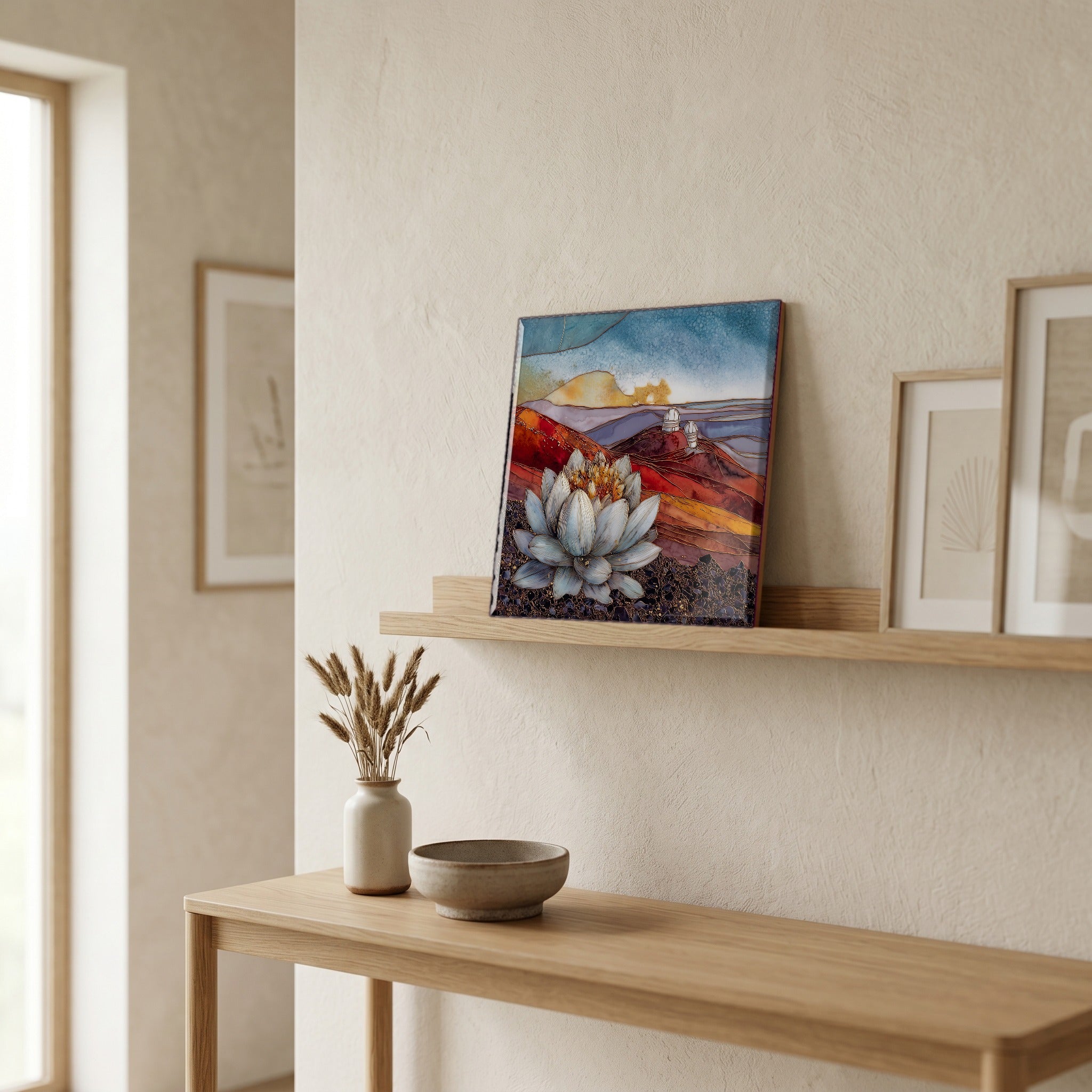 On a picture ledge, where the light comes in.