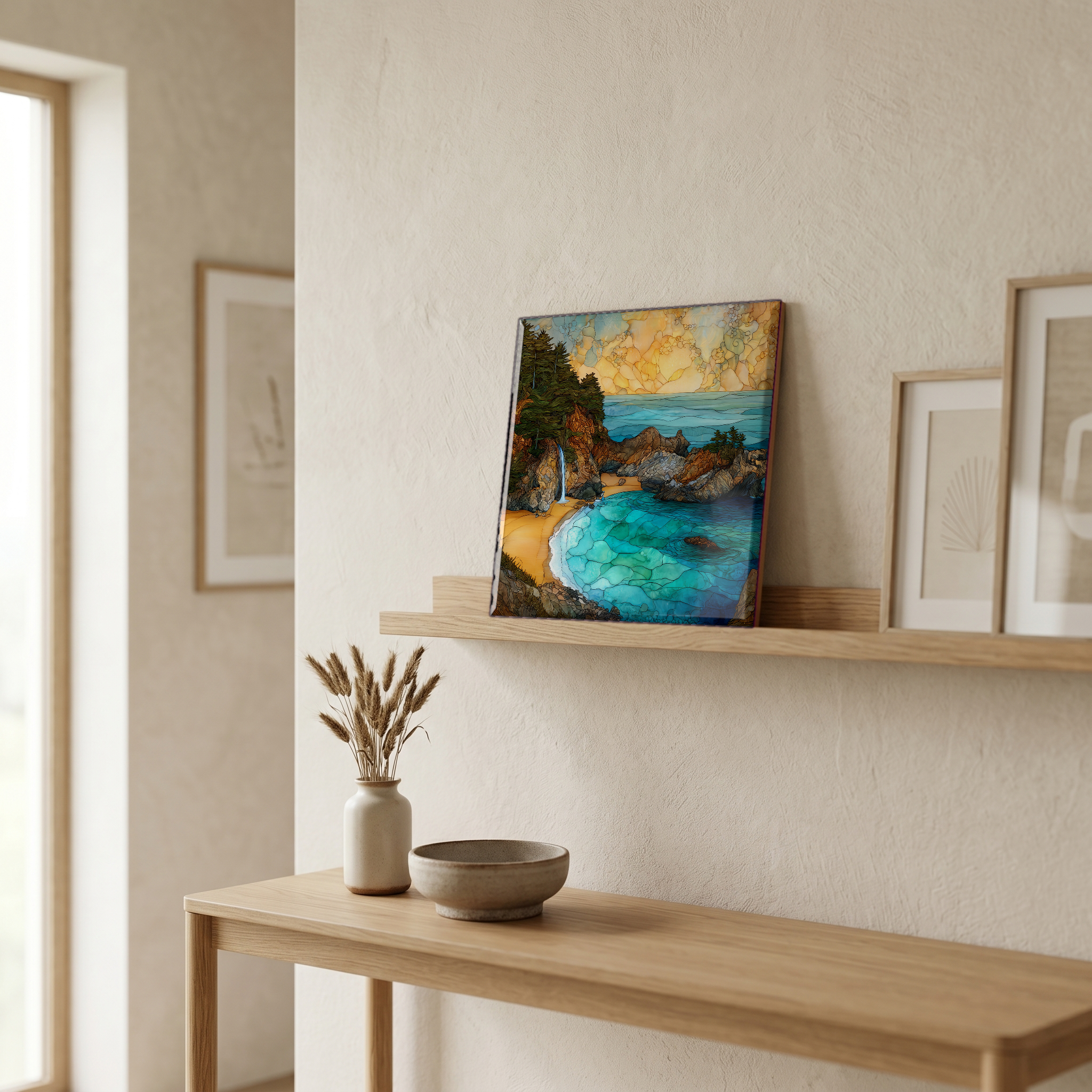 On a picture ledge, where the light comes in.