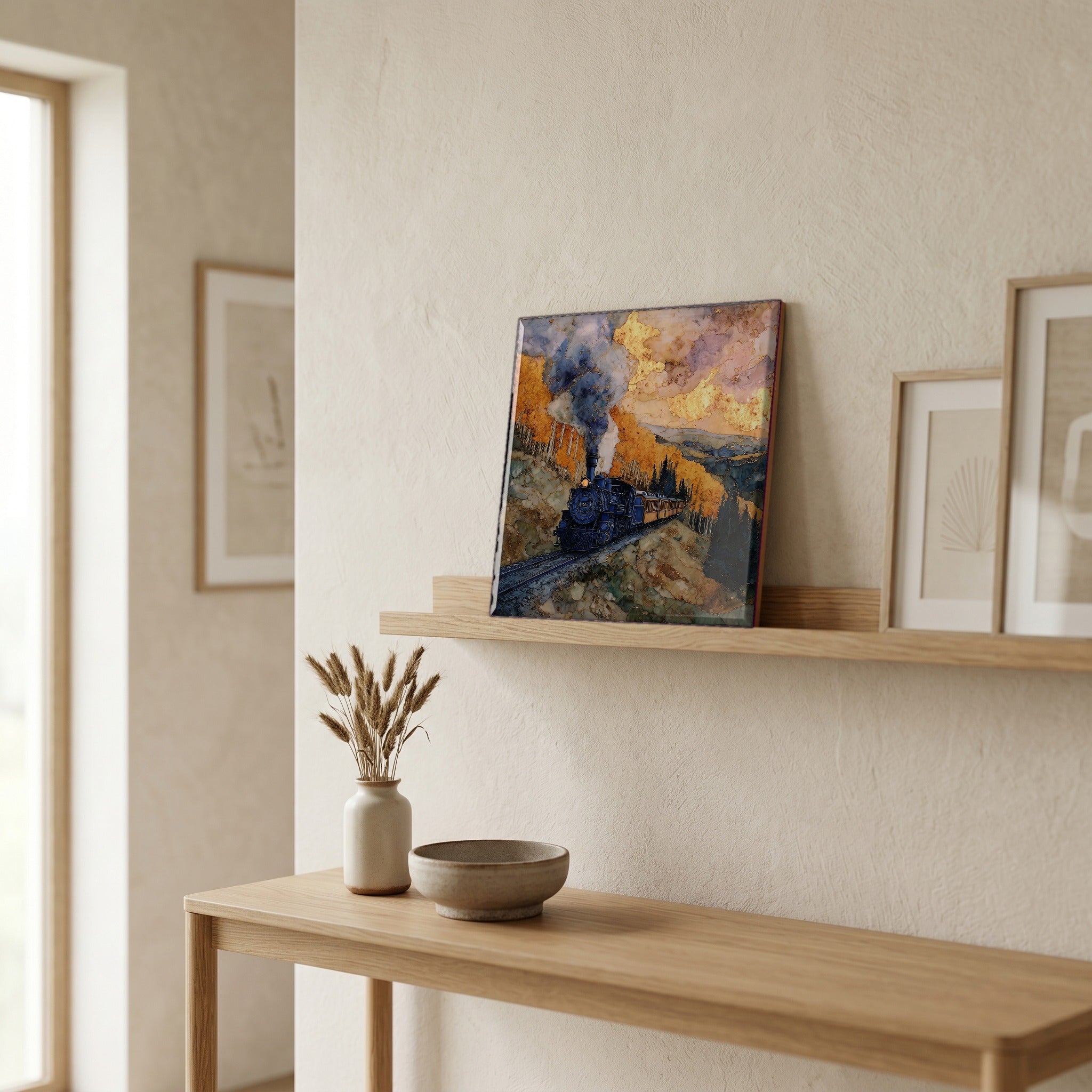 On a picture ledge, where the light comes in.
