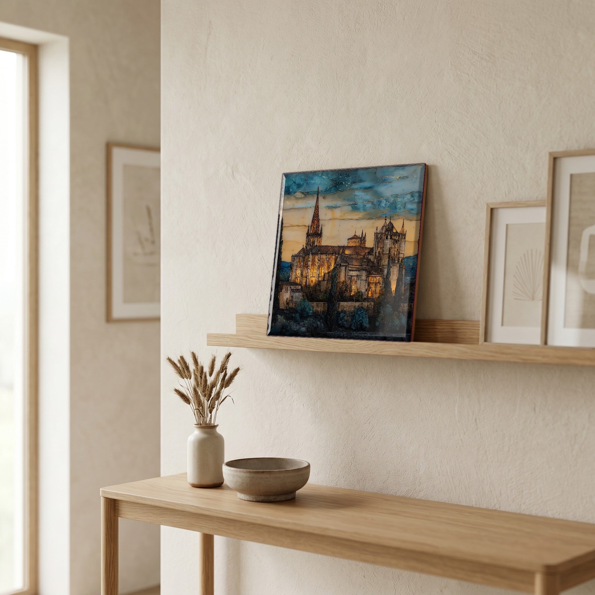 On a picture ledge, where the light comes in.