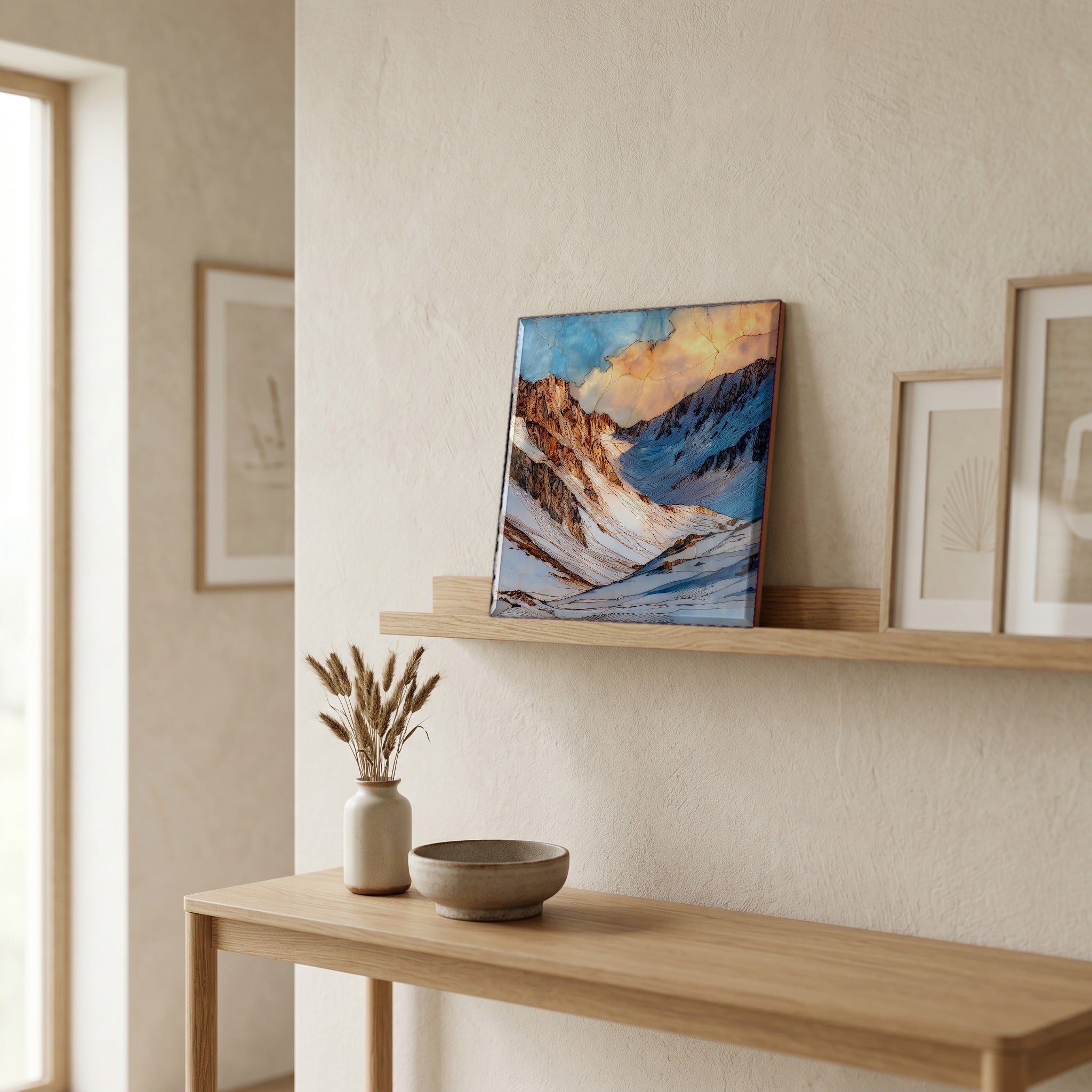 On a picture ledge, where the light comes in.