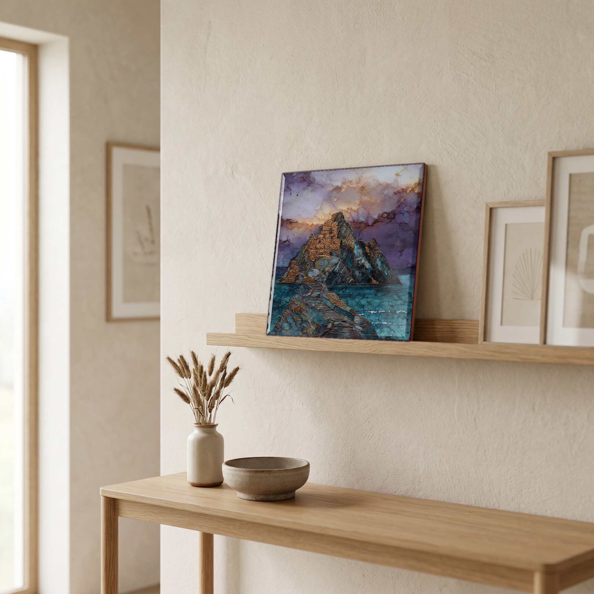 On a picture ledge, where the light comes in.