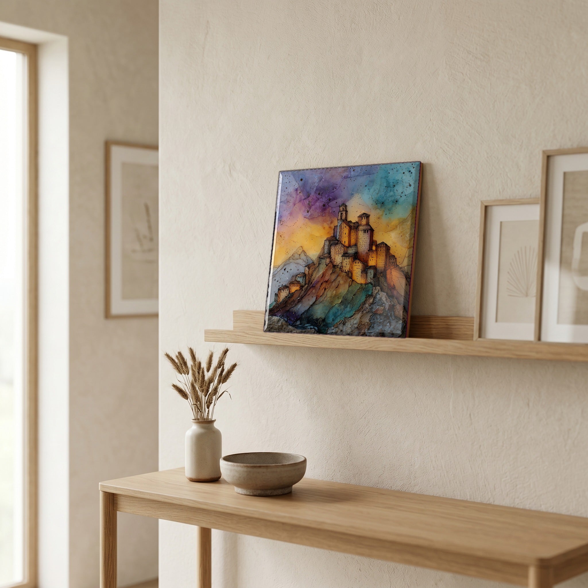 On a picture ledge, where the light comes in.