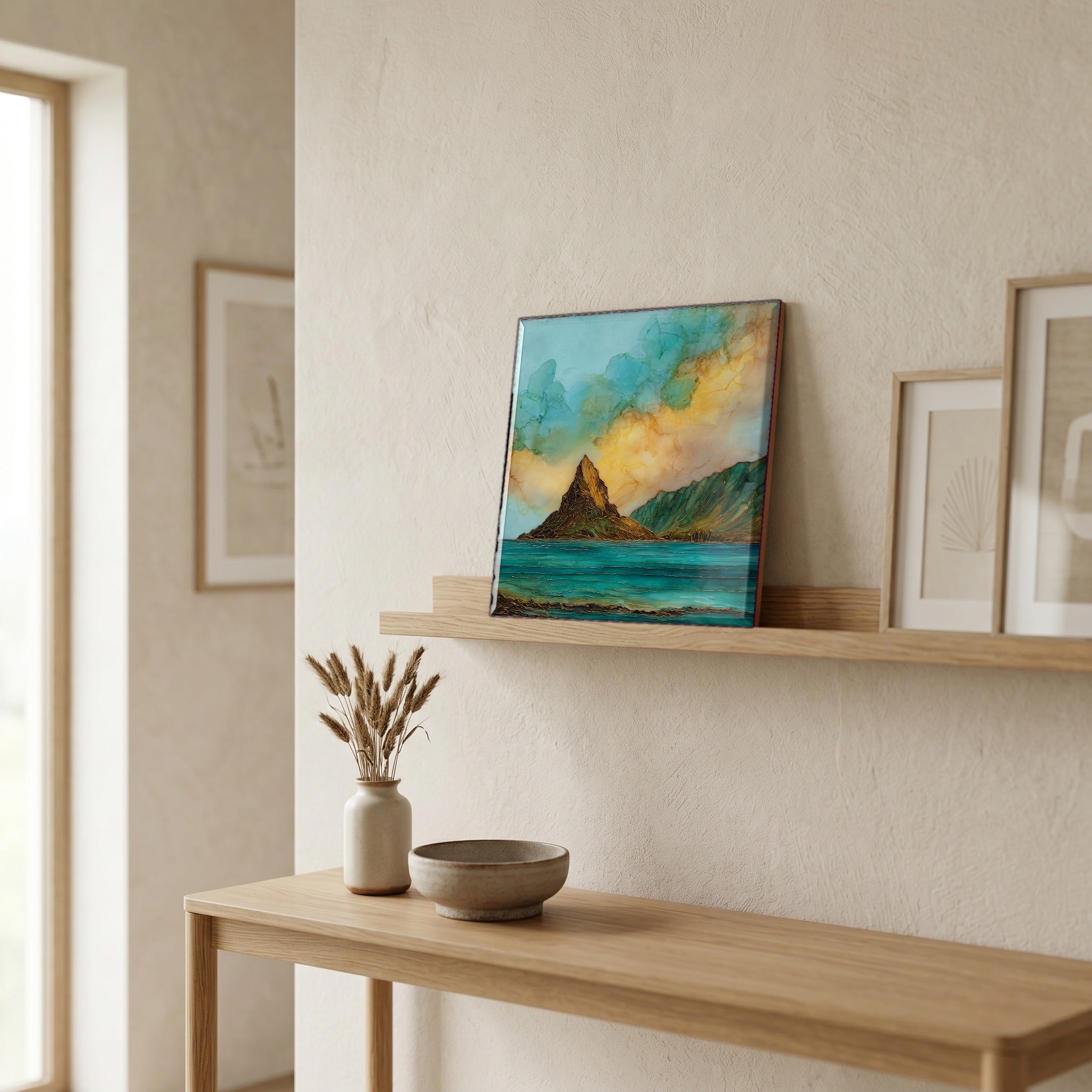On a picture ledge, where the light comes in.