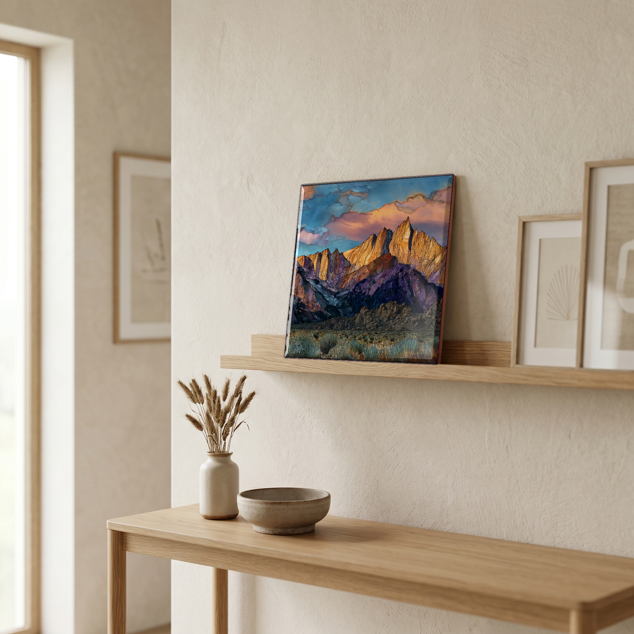 On a picture ledge, where the light comes in.