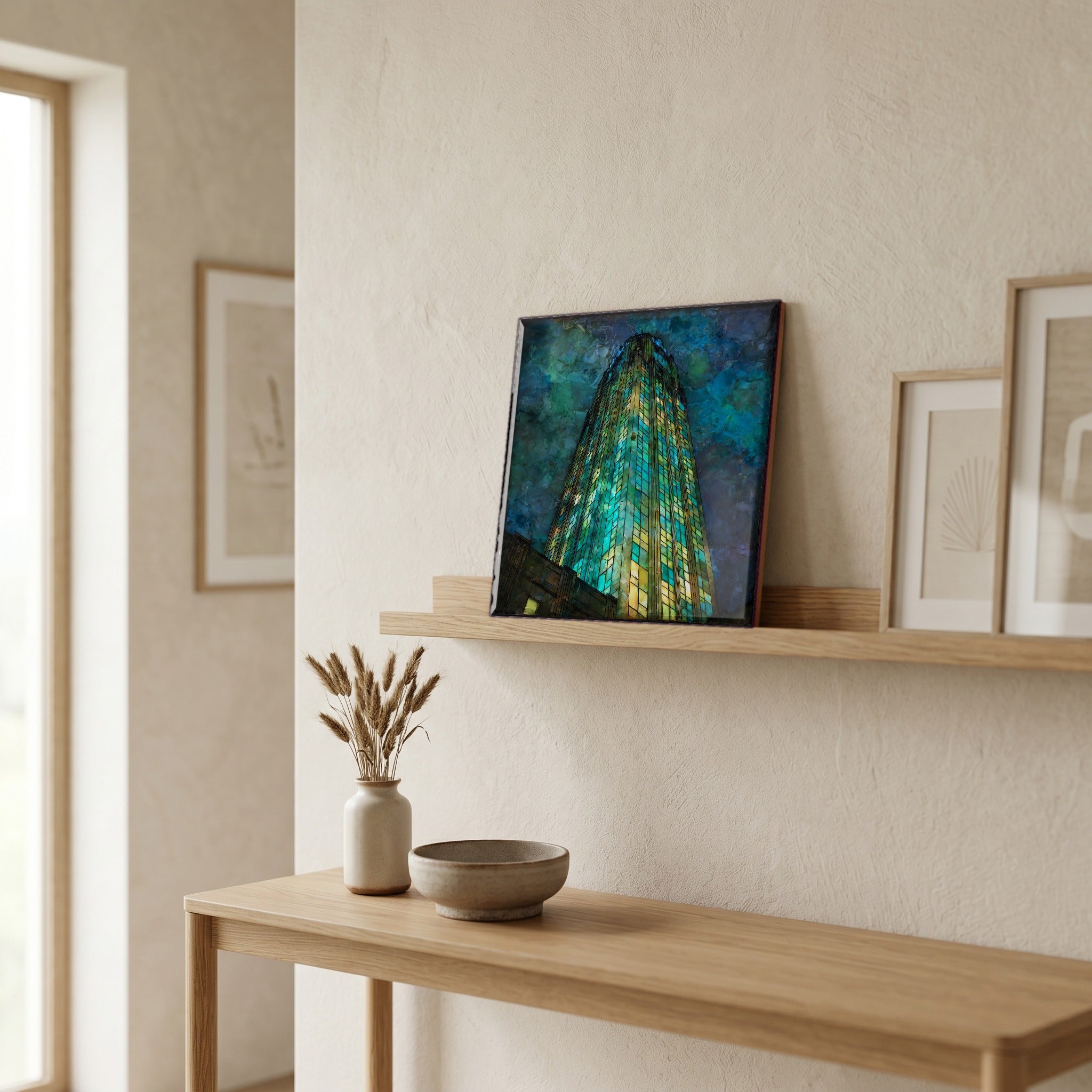 In the entryway, first thing you see.