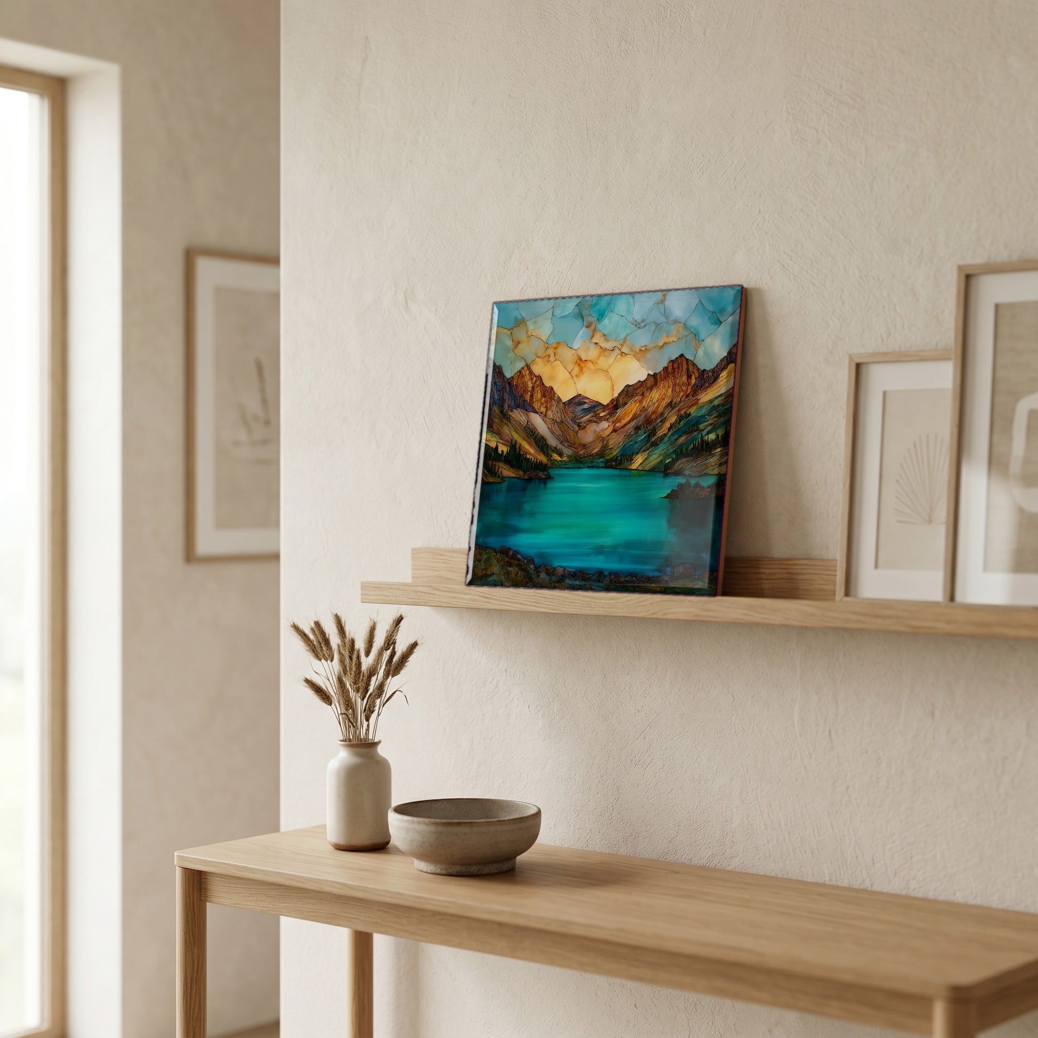 On a picture ledge, where the light comes in.
