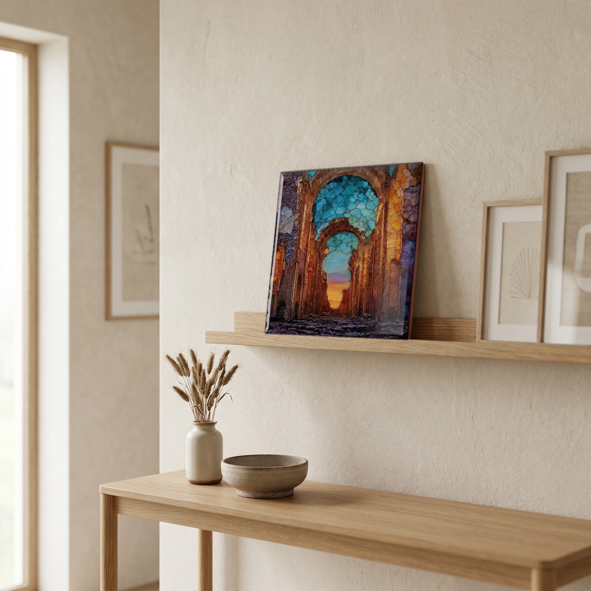 On a picture ledge, where the light comes in.