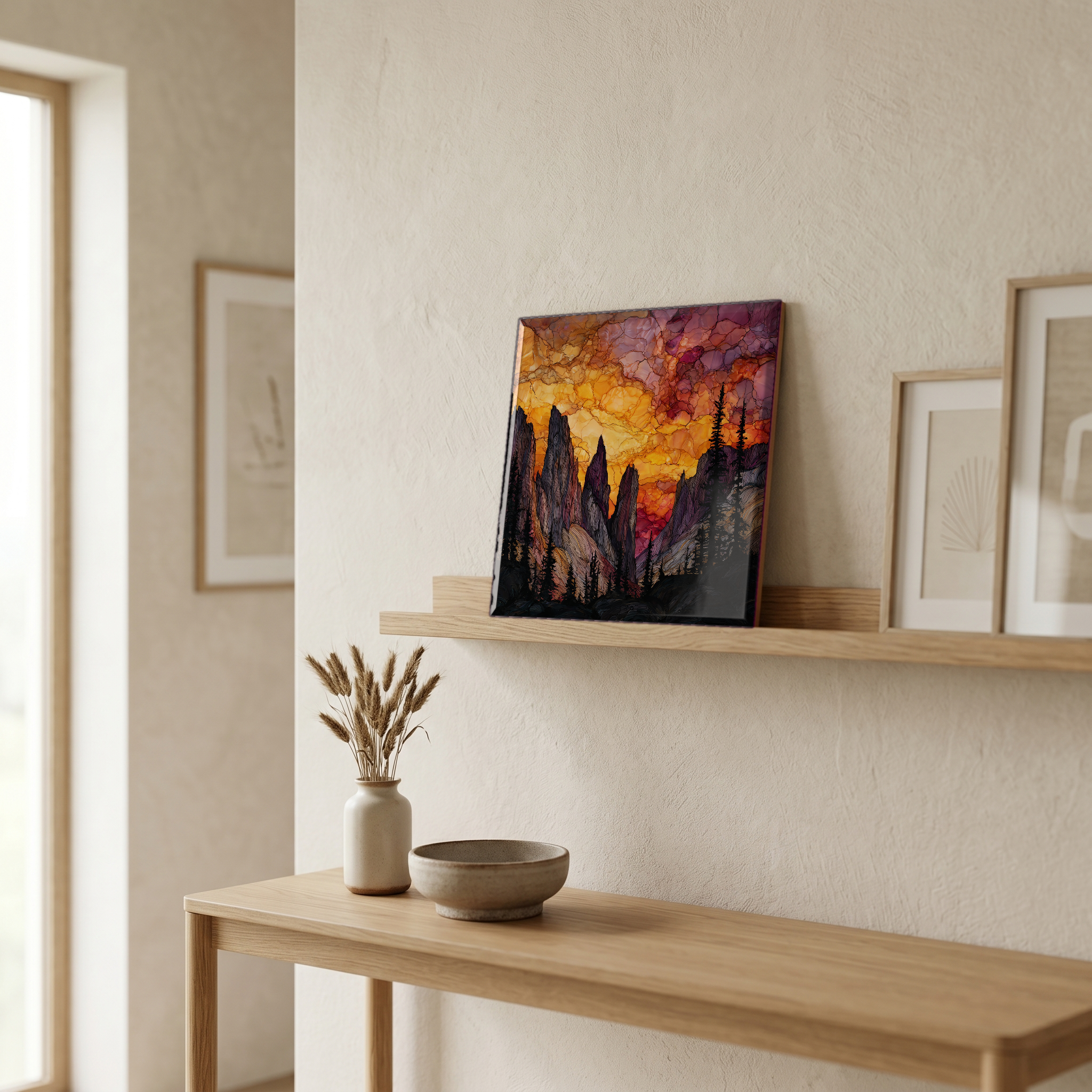On a picture ledge, where the light comes in.