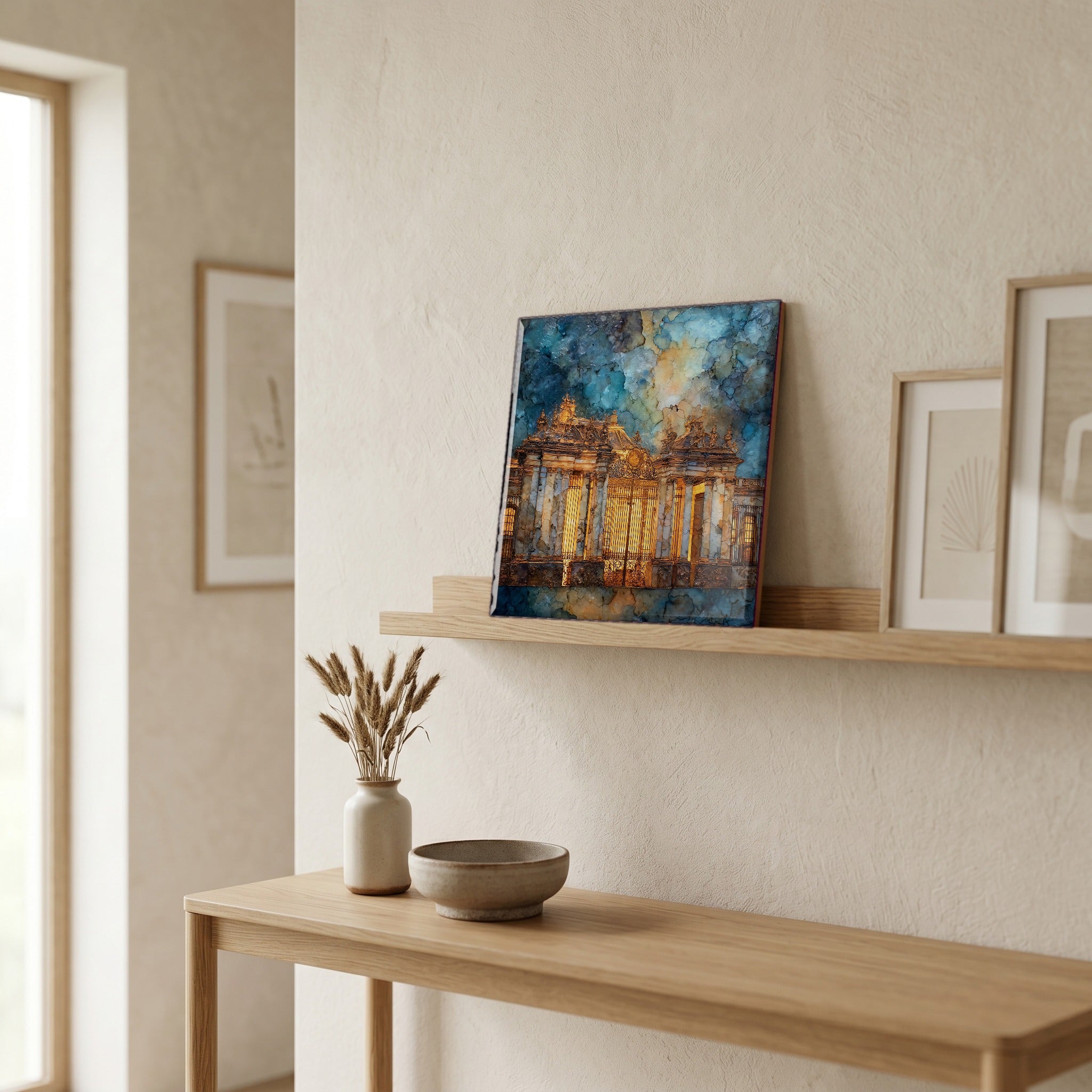 On a picture ledge, where the light comes in.
