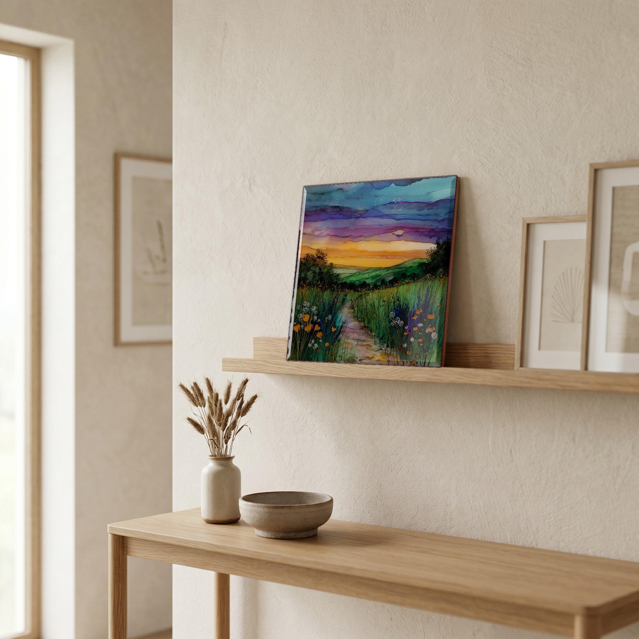 On a picture ledge, where the light comes in.
