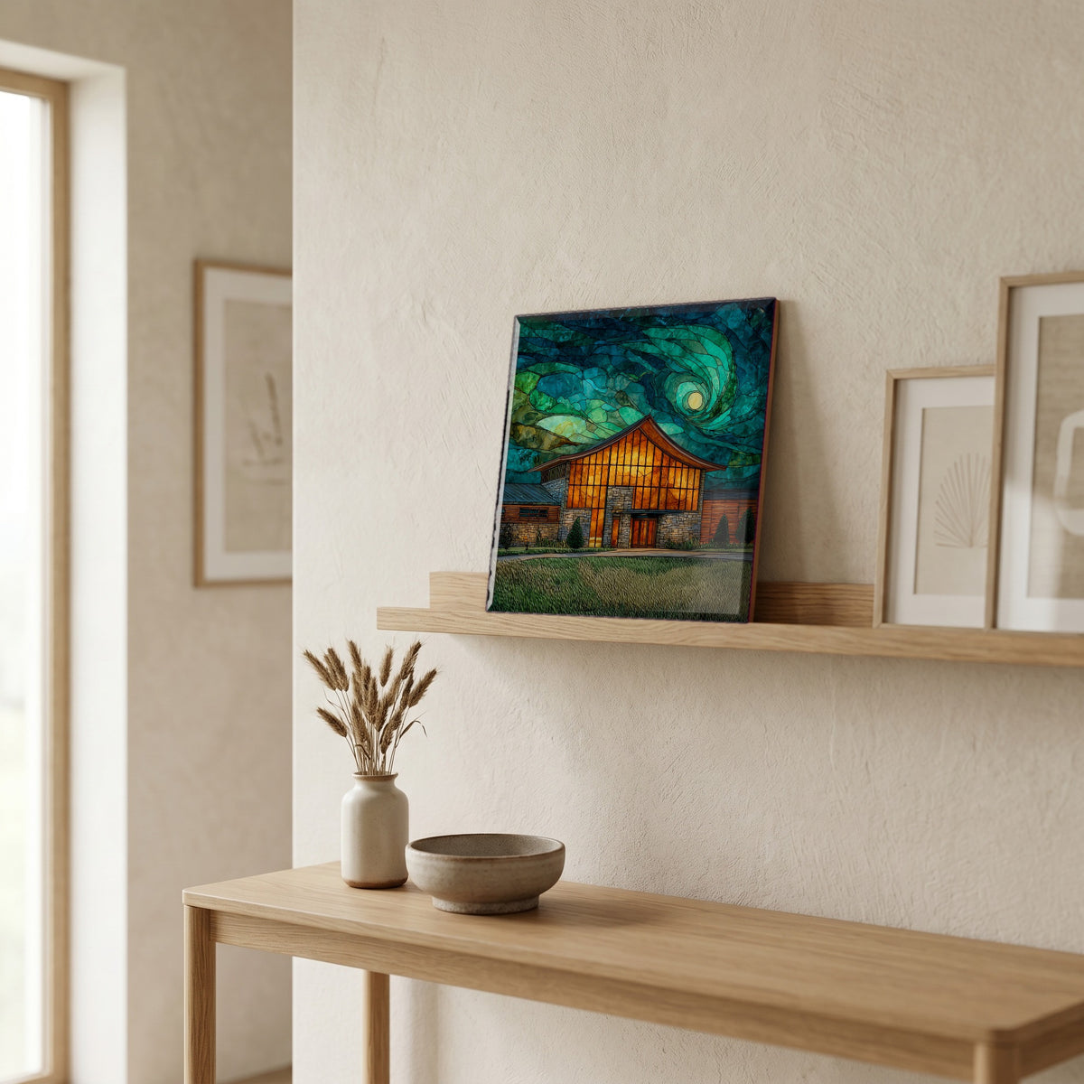 In the entryway, first thing you see.