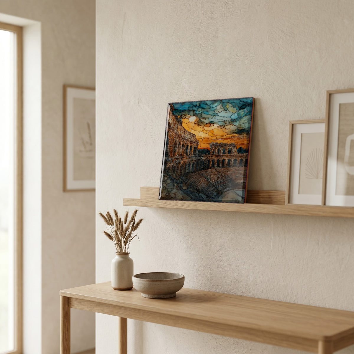 On a picture ledge, where the light comes in.