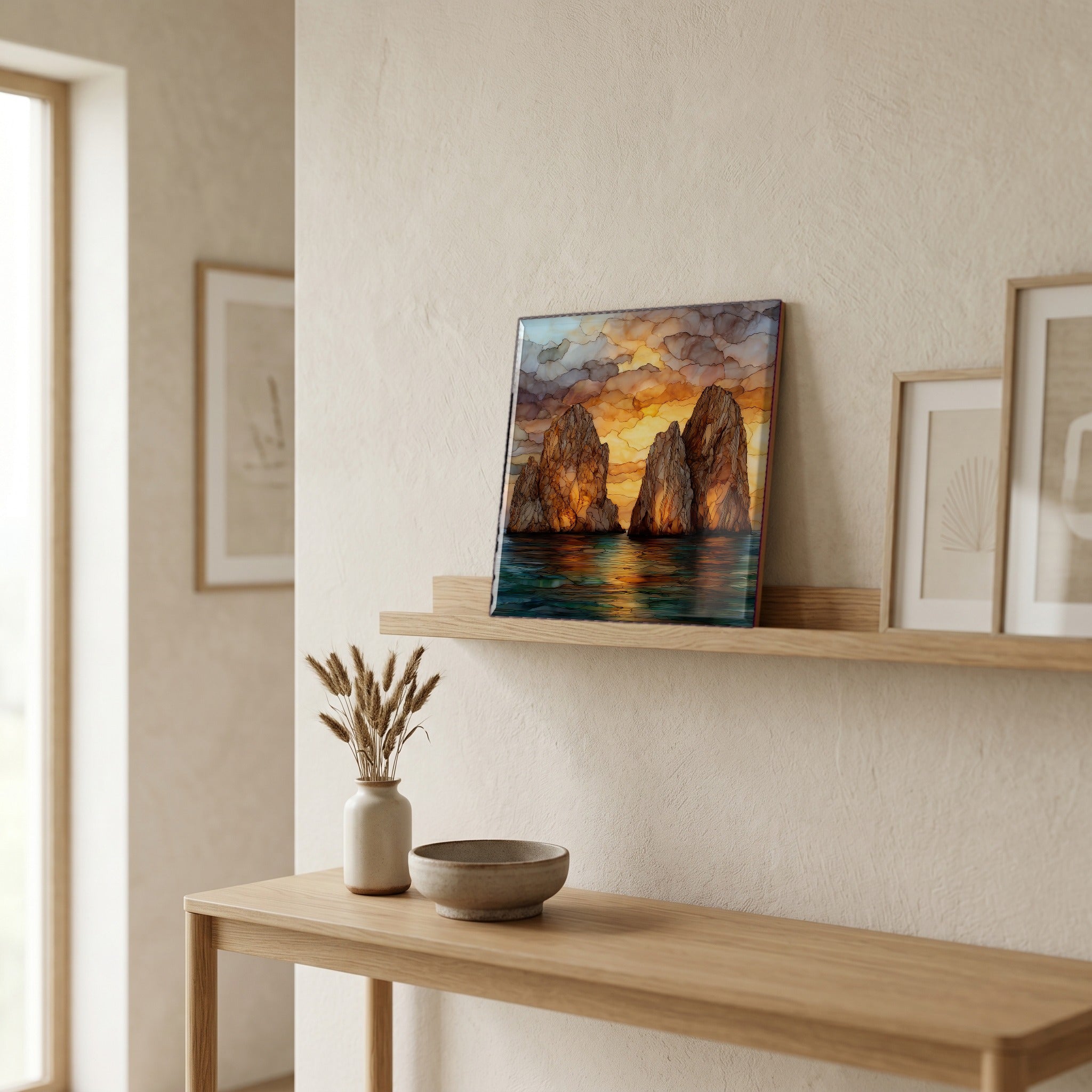 On a picture ledge, where the light comes in.