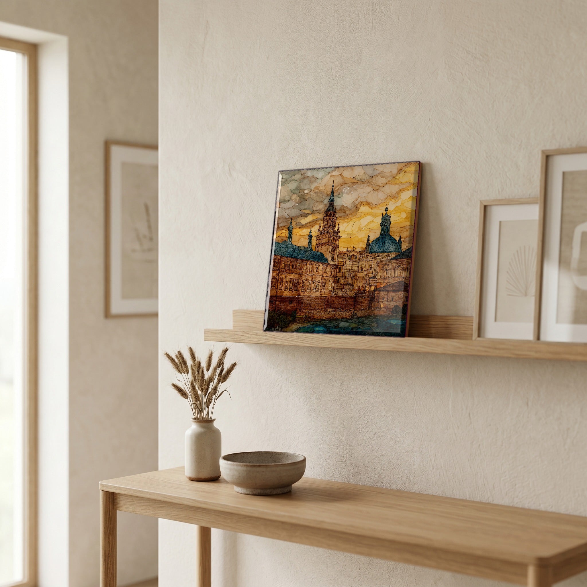 On a picture ledge, where the light comes in.