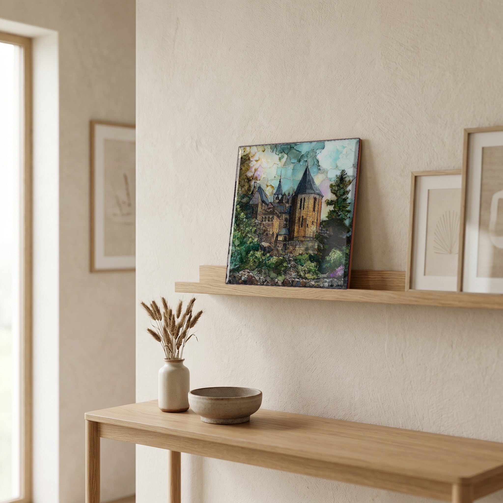 On a picture ledge, where the light comes in.