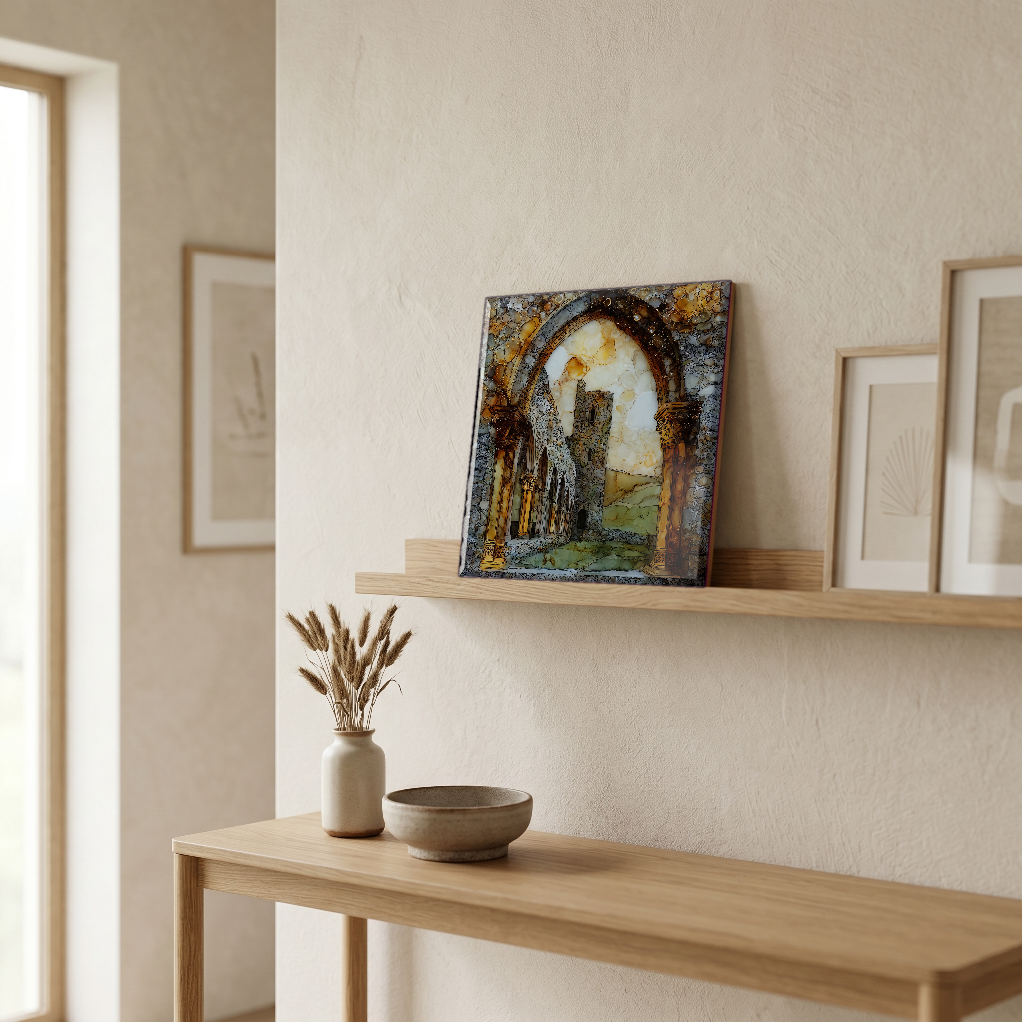 On a picture ledge, where the light comes in.