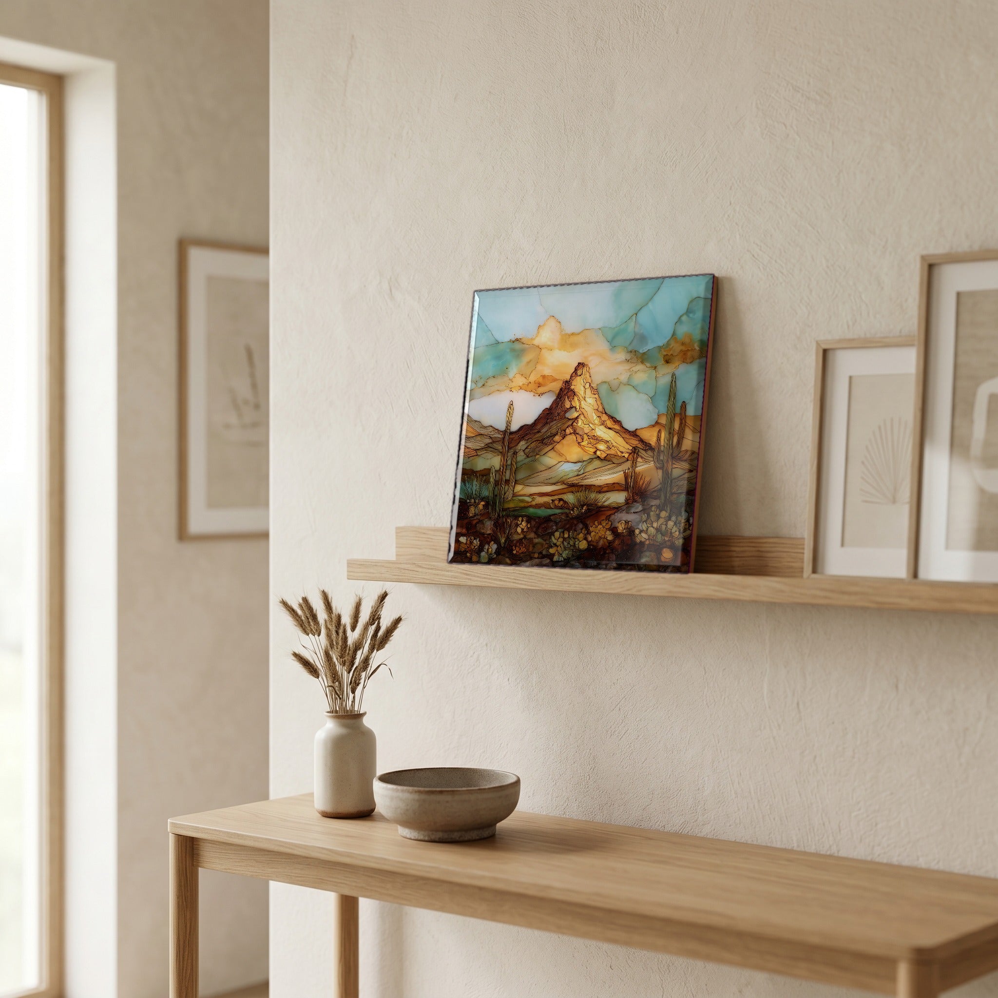 In the entryway, first thing you see.