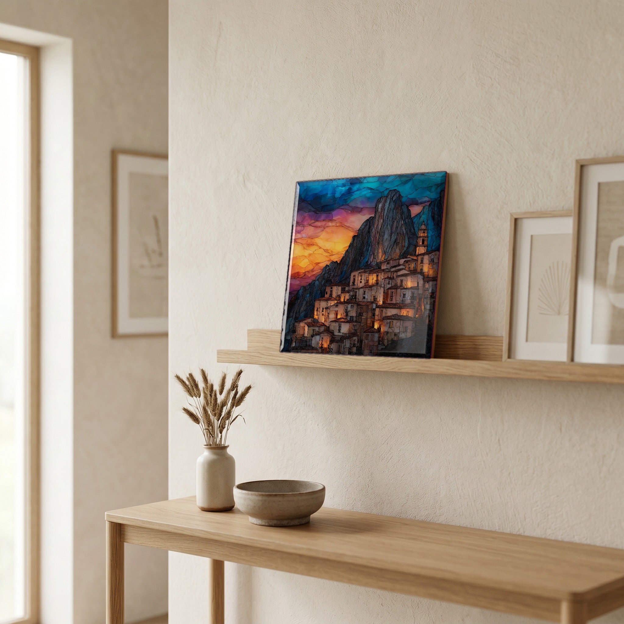 On a picture ledge, where the light comes in.