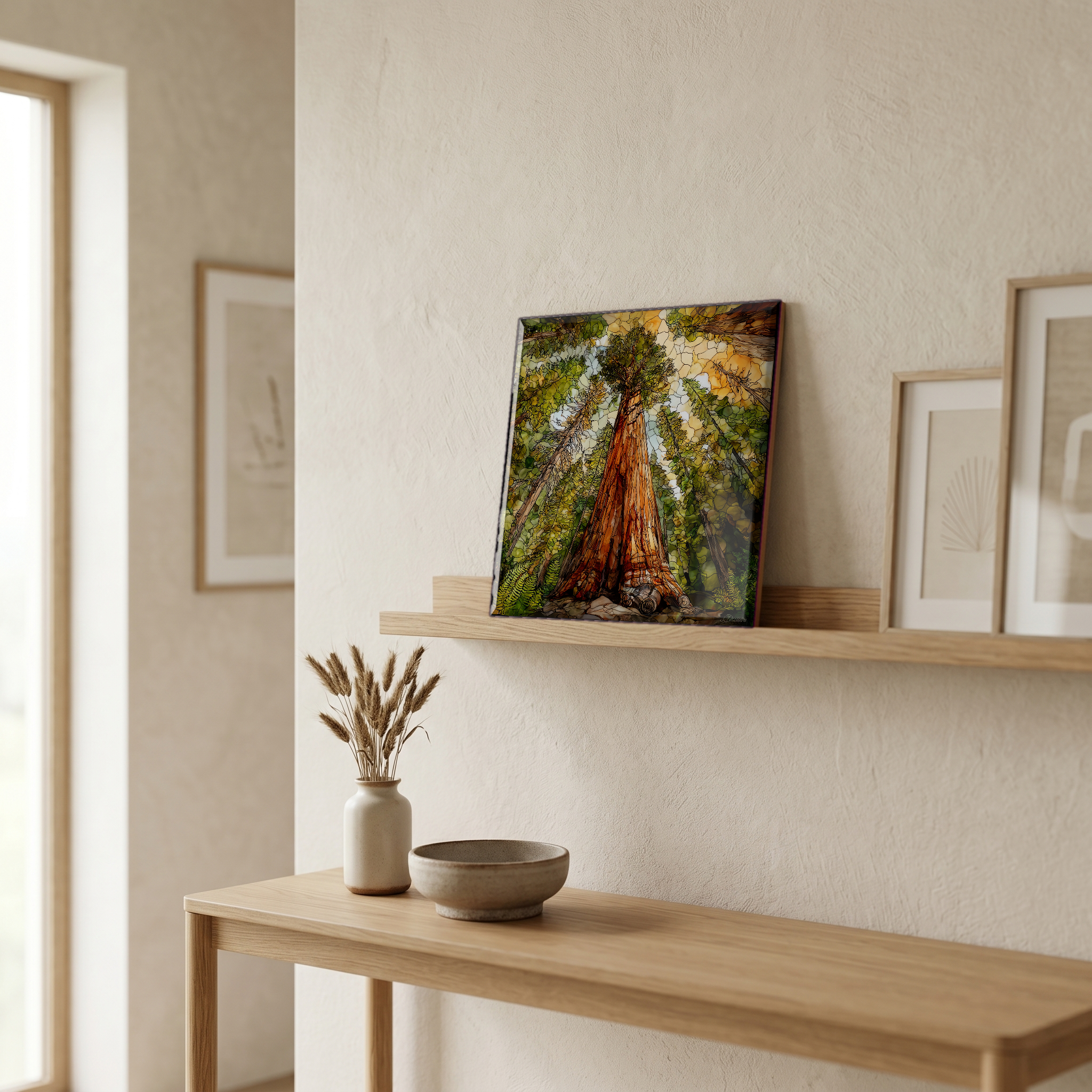 On a picture ledge, where the light comes in.