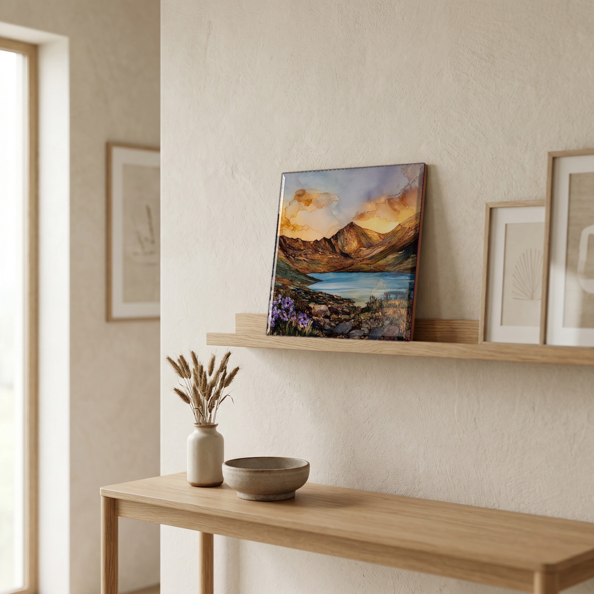On a picture ledge, where the light comes in.