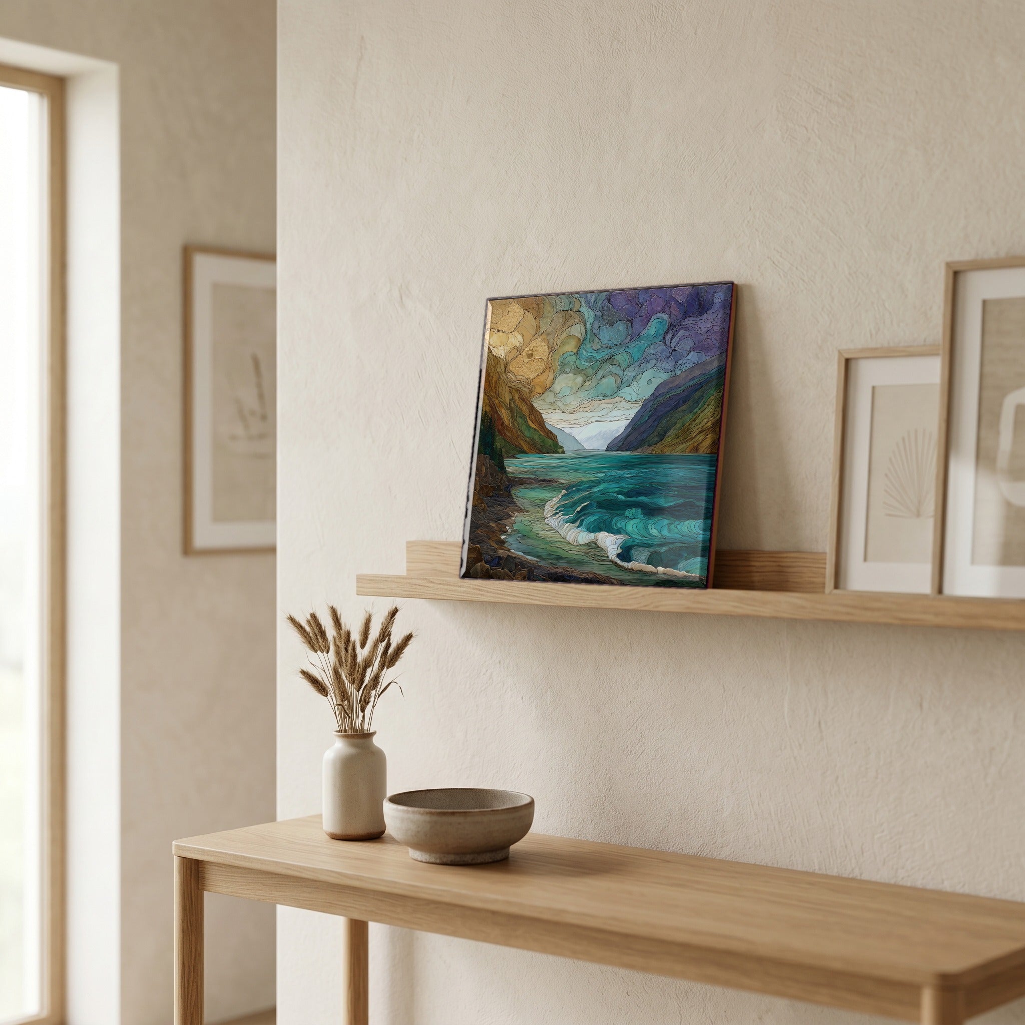 In the entryway, first thing you see.