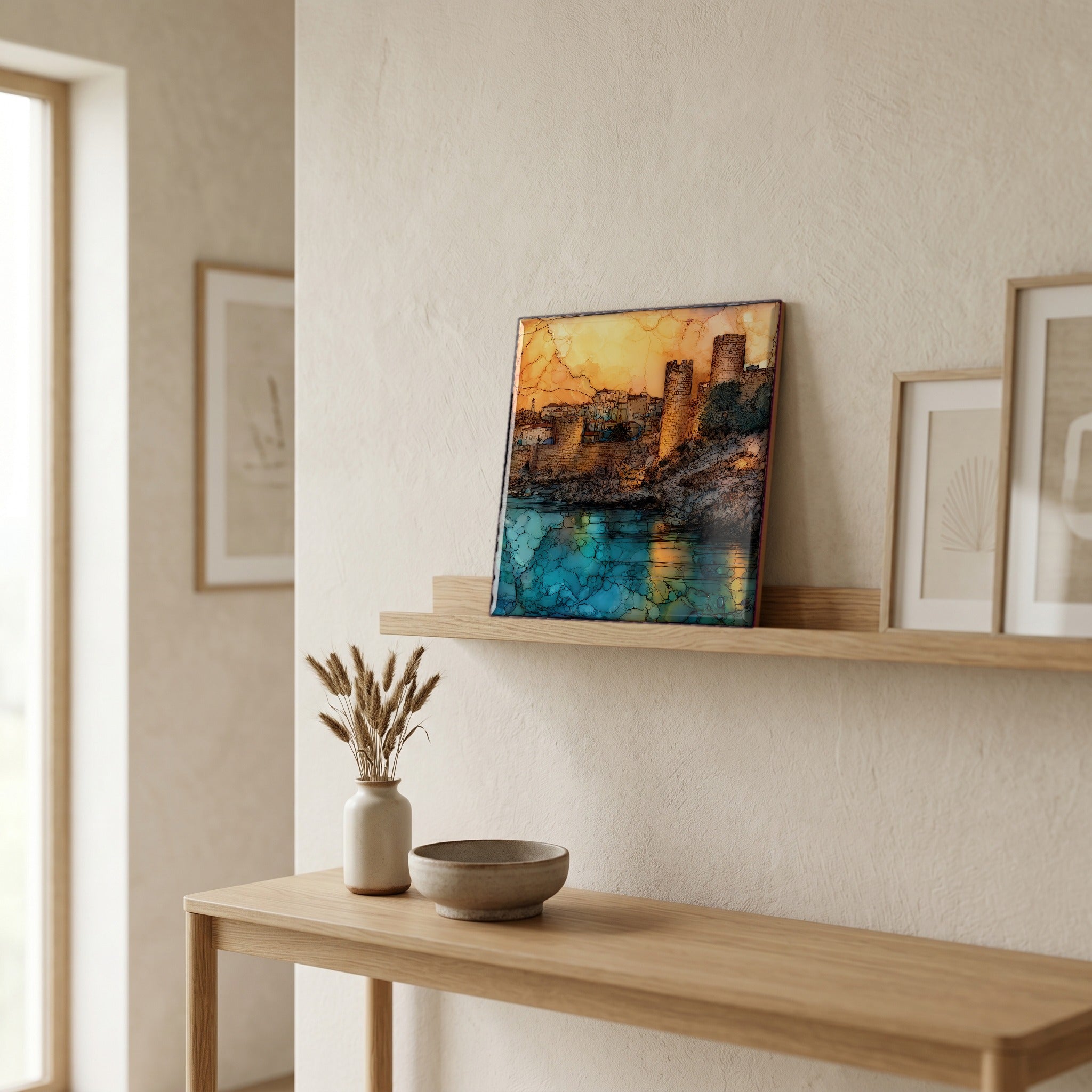 On a picture ledge, where the light comes in.