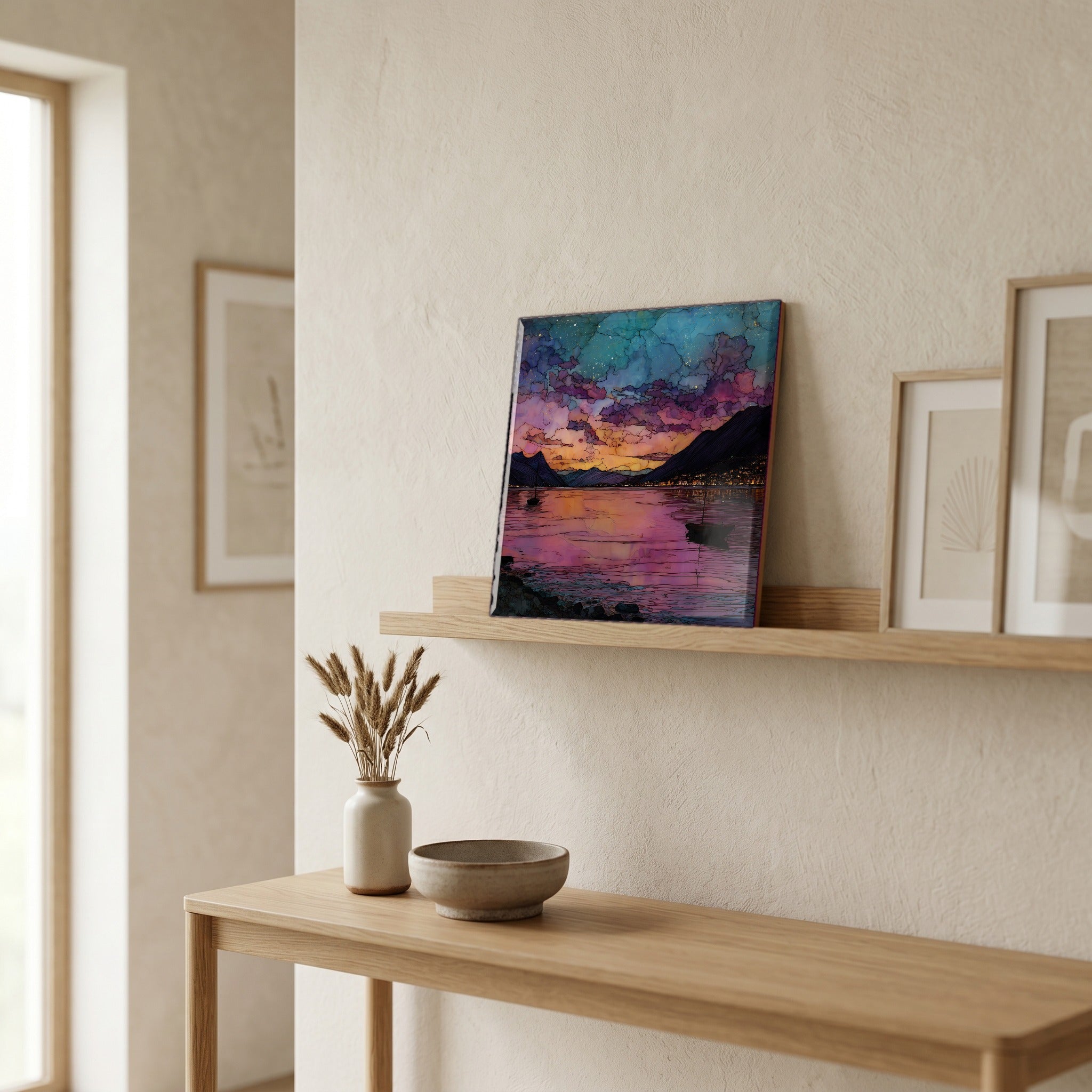 On a picture ledge, where the light comes in.