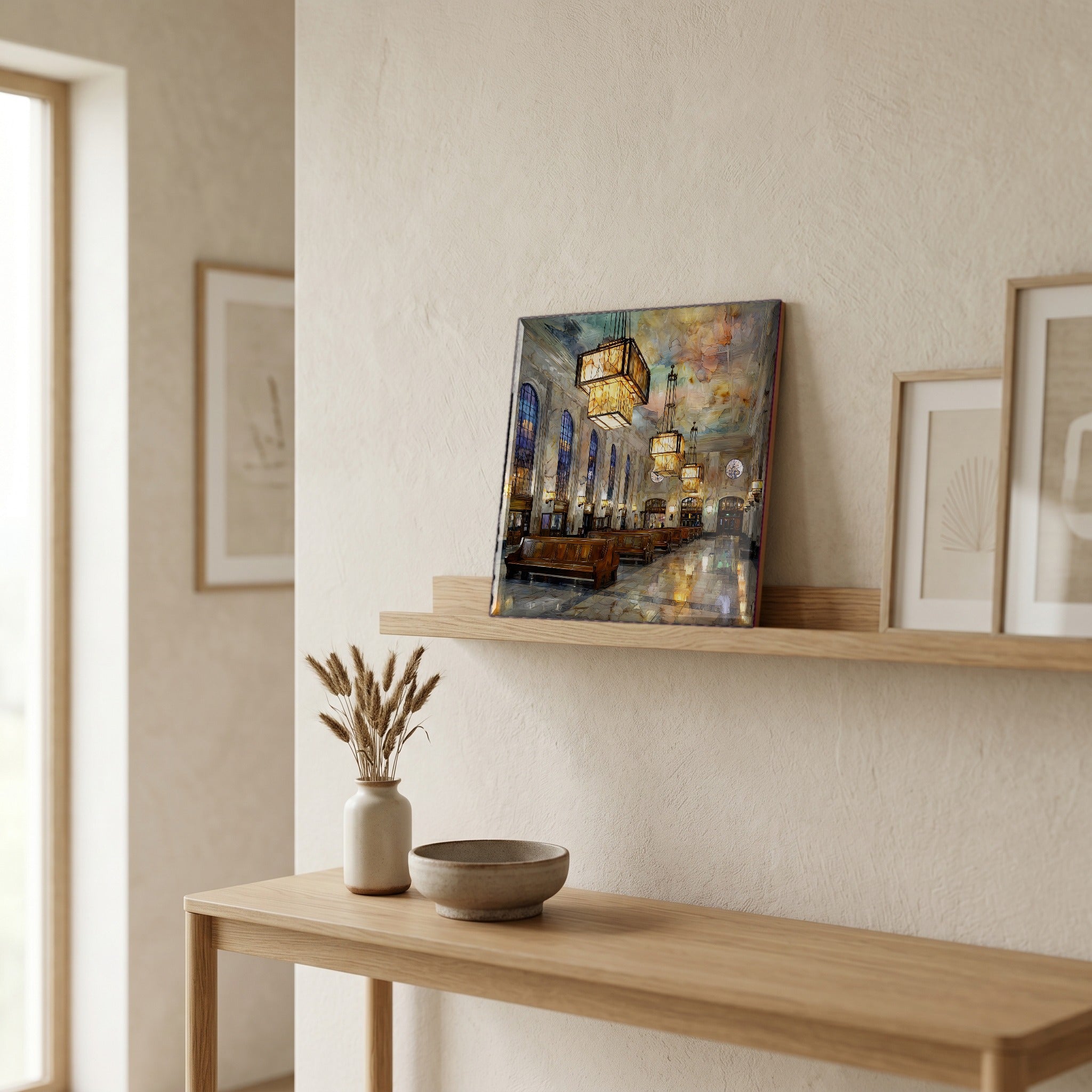 On a picture ledge, where the light comes in.