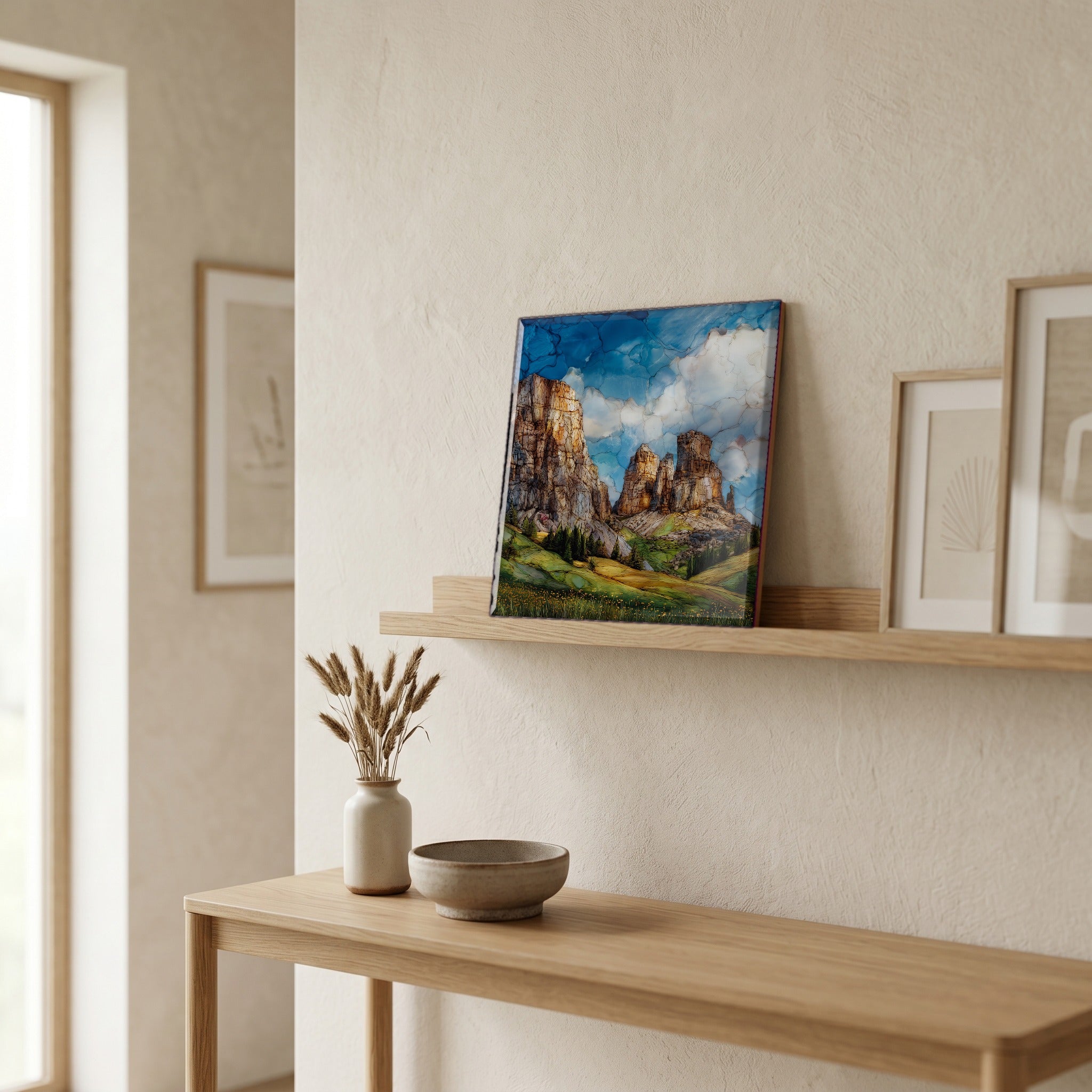 On a picture ledge, where the light comes in.