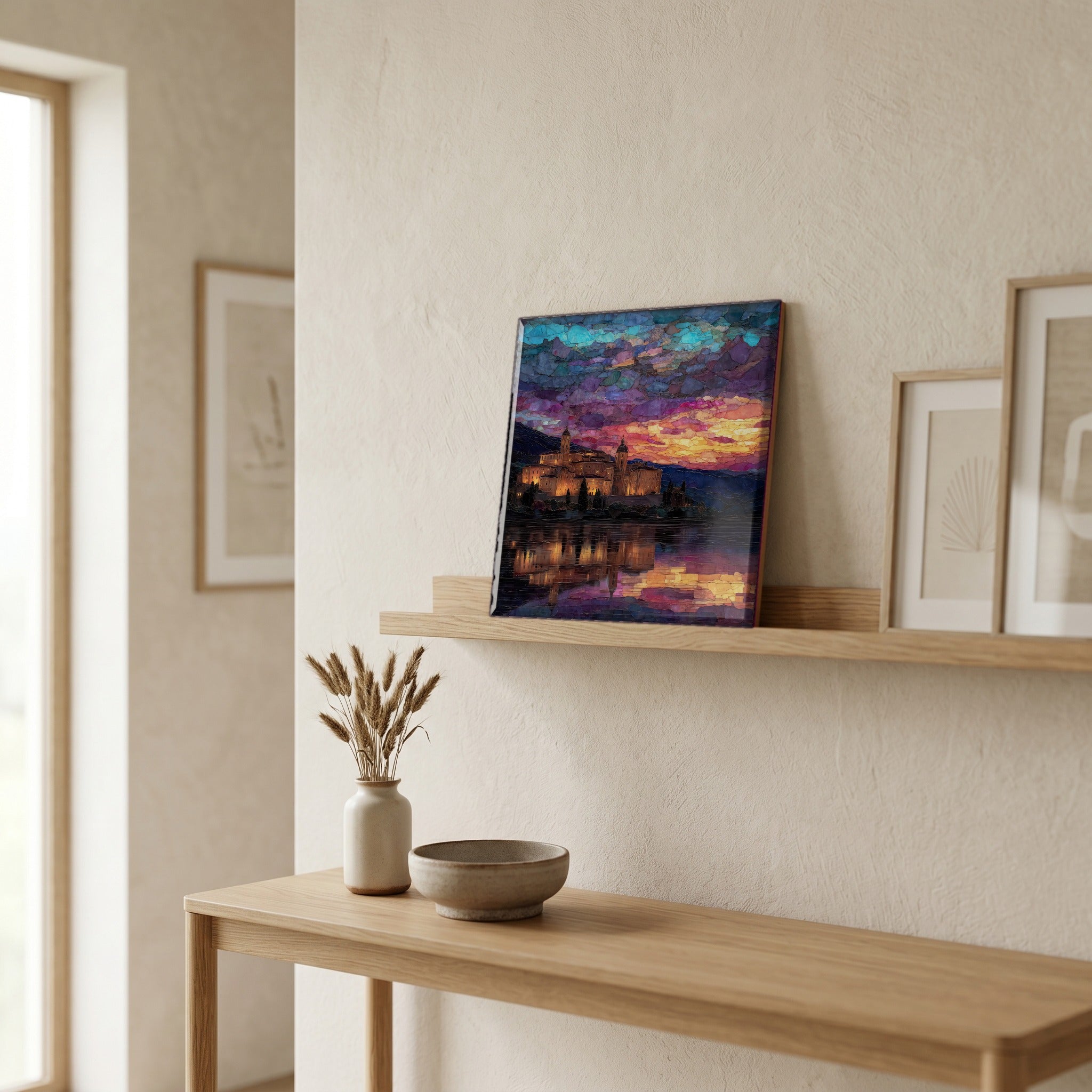 On a picture ledge, where the light comes in.