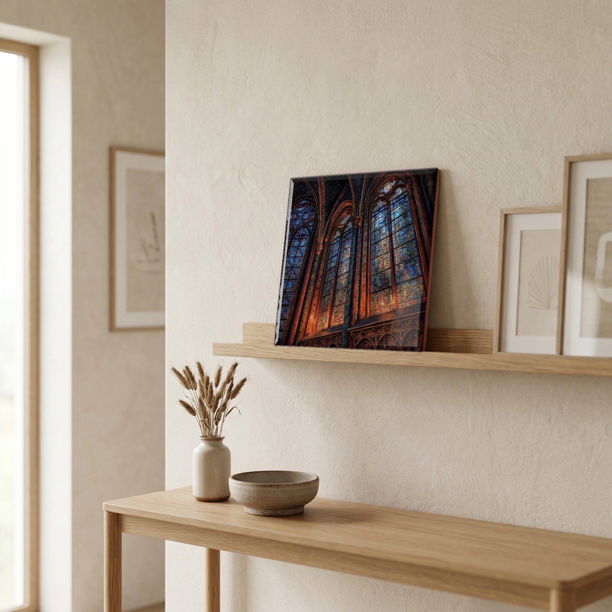 On a picture ledge, where the light comes in.