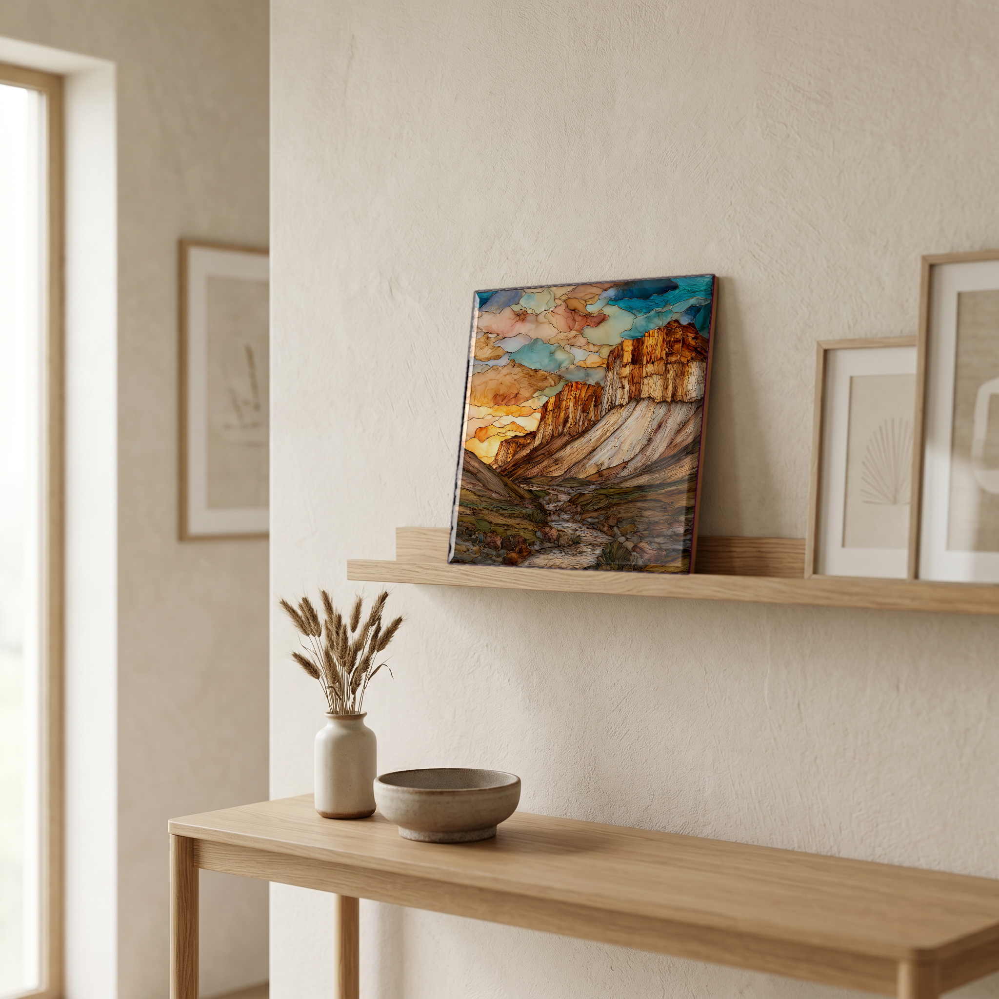 On a picture ledge, where the light comes in.